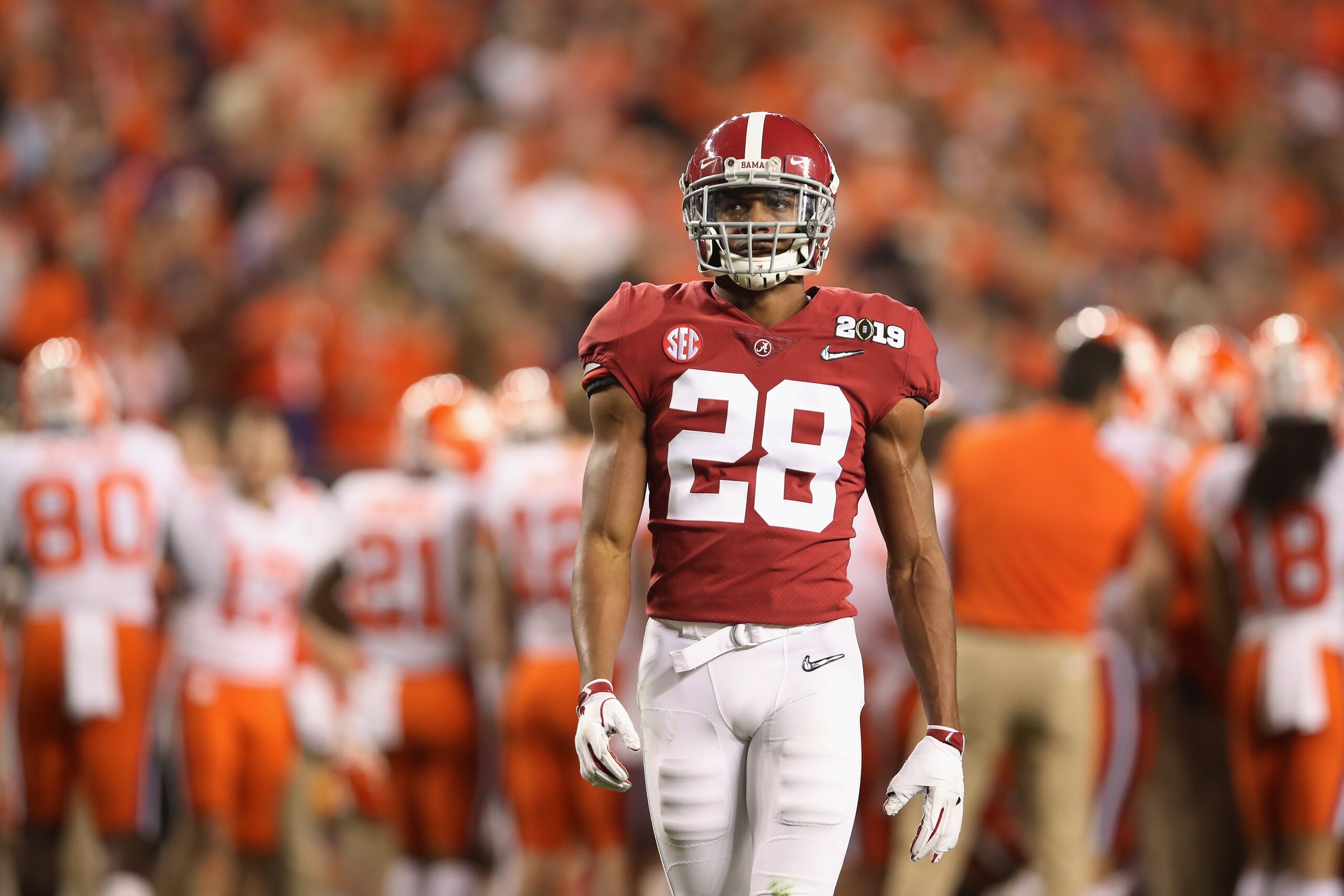 SANTA CLARA, CA - JANUARY 07:  Josh Jobe #28 of the Alabama Crimson Tide reacts late in the game against the Clemson Tigers in the CFP National Championship presented by AT&T at Levi's Stadium on January 7, 2019 in Santa Clara, California.  (Photo by Christian Petersen/Getty Images)