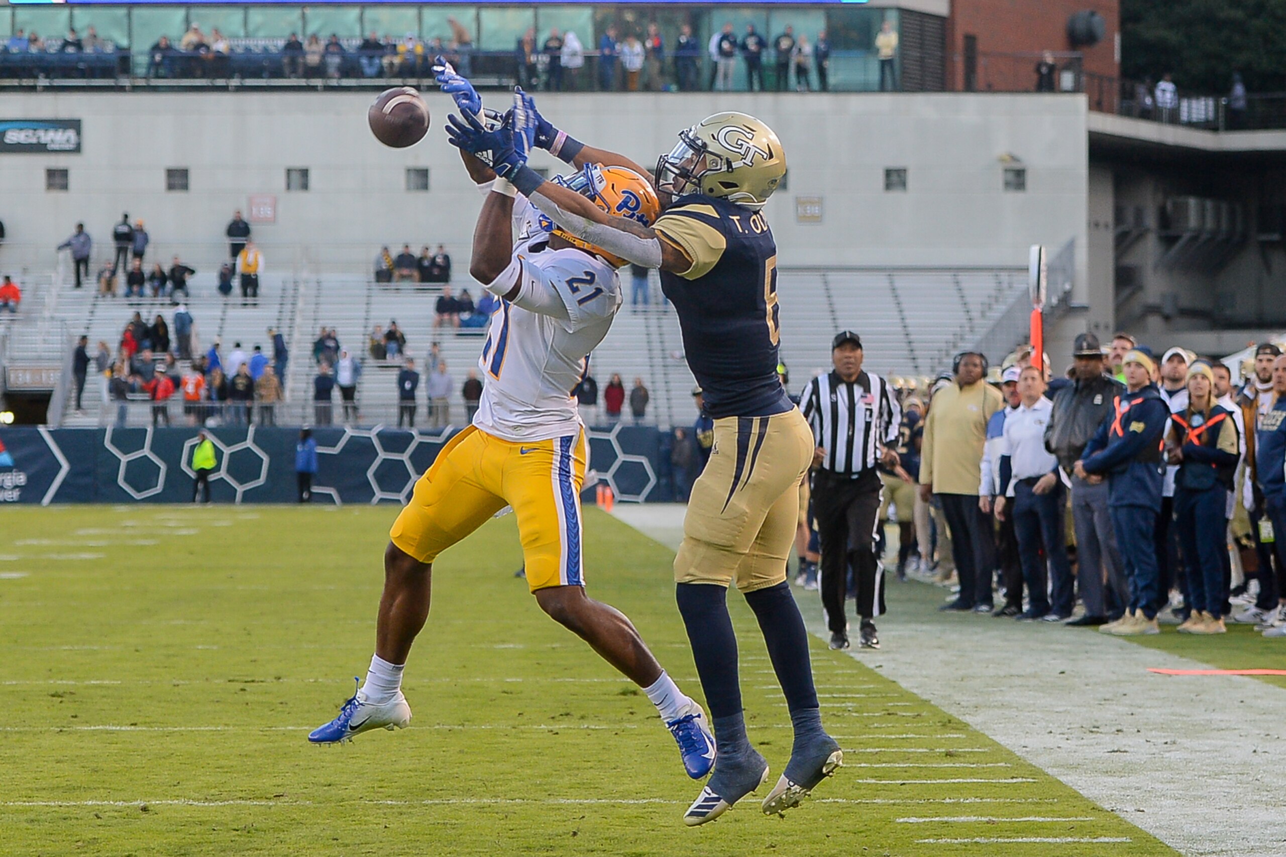 ATLANTA, GA - NOVEMBER 02:  Pittsburgh's Damarri Mathis (21) breaks up a pass meant for Georgia Tech's Tobias Oliver (8) during the NCAA football game between the Pittsburgh Panthers and the Georgia Tech Yellow Jackets on November 2nd, 2019 at Bobby Dodd Stadium in Atlanta, GA.  (Photo by Rich von Biberstein/Icon Sportswire via Getty Images)