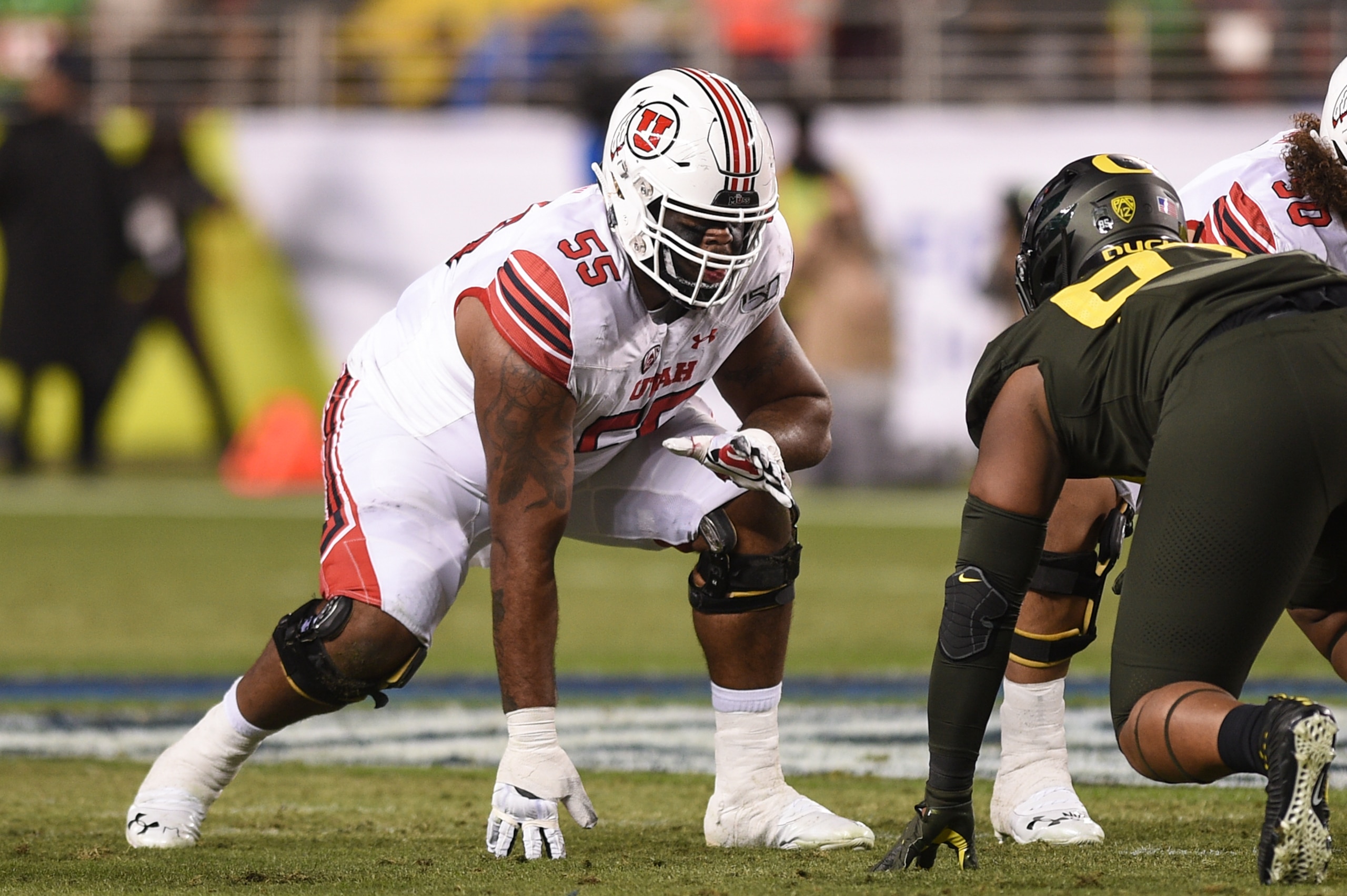 SANTA CLARA, CA - DECEMBER 06: Utah Utes offensive lineman Nick Ford (55) during the Pac-12 Football Championship Game between the Oregon Ducks and the Utah Utes at Levi's Stadium on December 6, 2019 in Santa Clara, CA. (Photo by Cody Glenn/Icon Sportswire via Getty Images)
