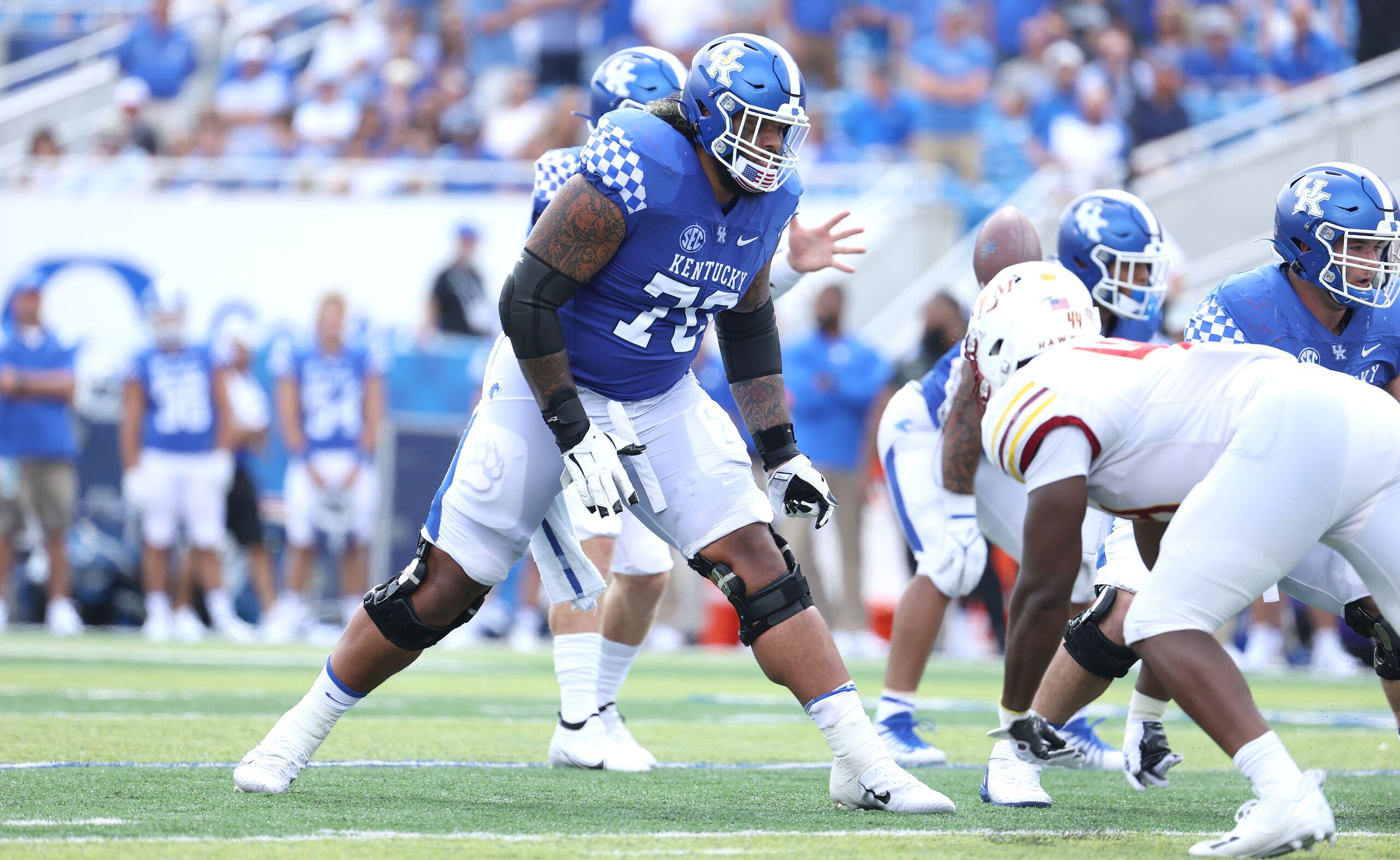 LEXINGTON, KENTUCKY - SEPTEMBER 04:  Darian Kinnard #70 of the Kentucky Wildcats against the ULM War Hawks  at Kroger Field on September 04, 2021 in Lexington, Kentucky. (Photo by Andy Lyons/Getty Images)