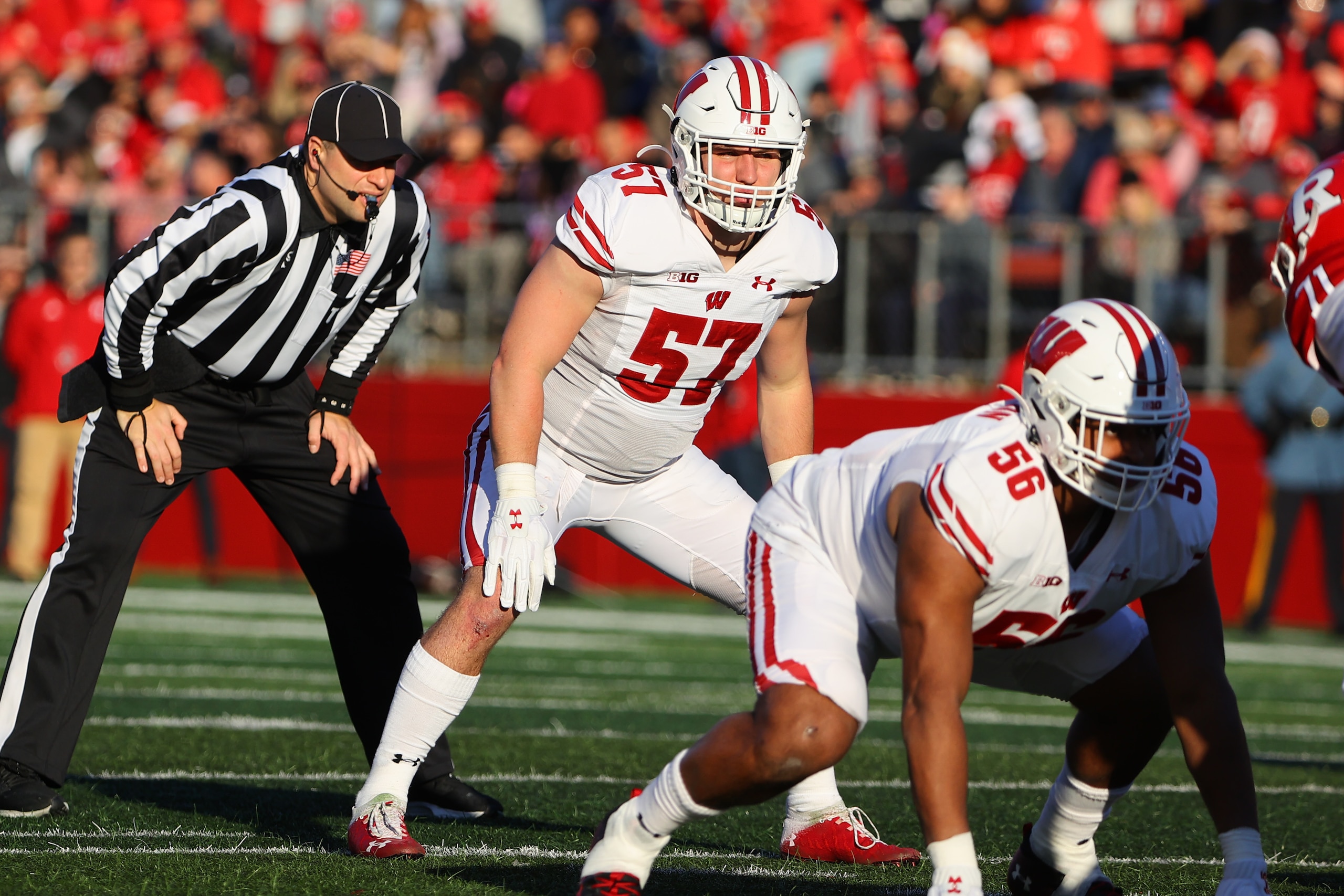 PISCATAWAY, NJ - NOVEMBER 06:  Wisconsin Badgers linebacker Jack Sanborn (57) during the second quarter of the college football game between the Rutgers Scarlet Knights and the Wisconsin Badgers on November 6, 2021 at SHI Stadium in Piscataway, NJ.  (Photo by Rich Graessle/Icon Sportswire via Getty Images)