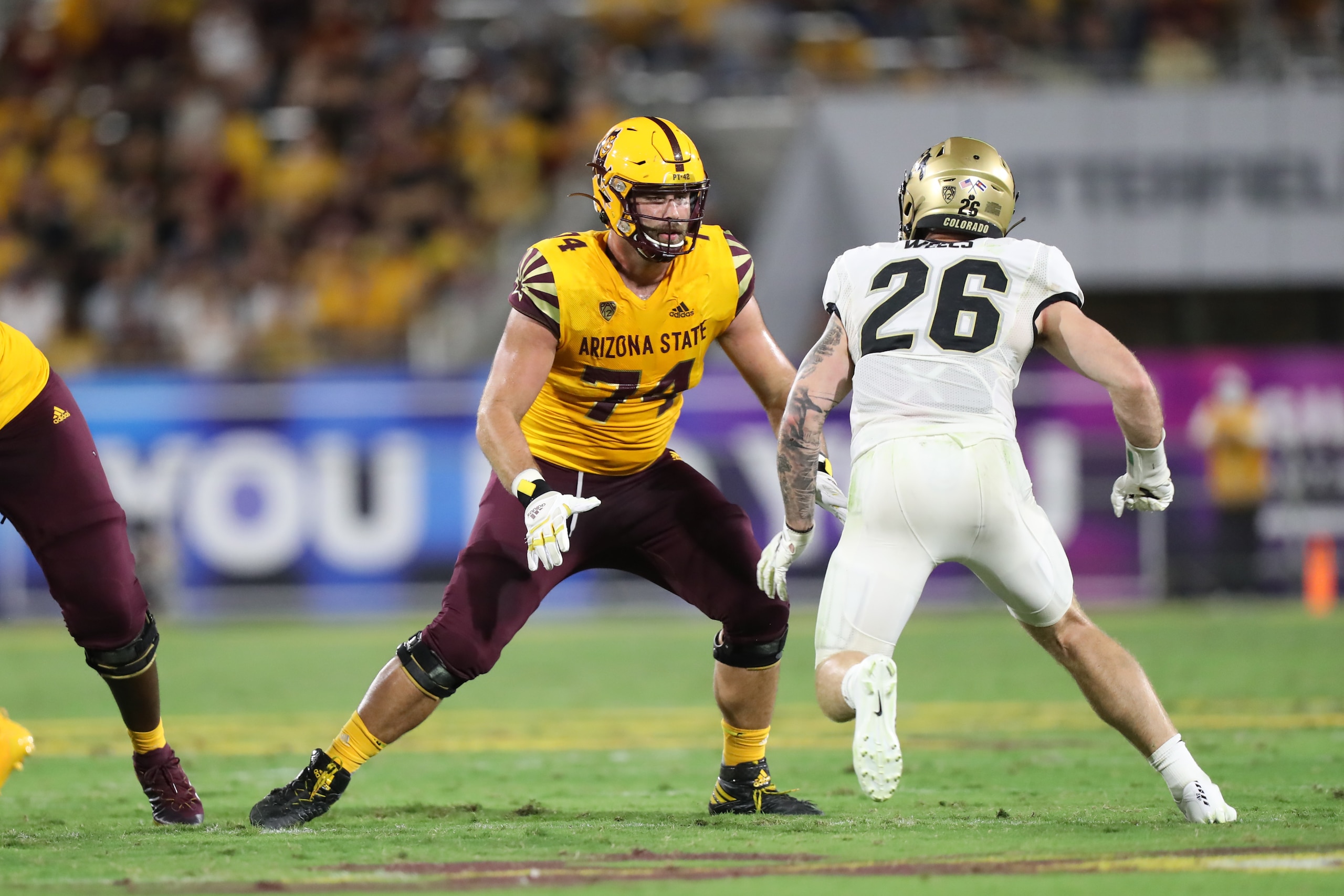 TEMPE, AZ - SEPTEMBER 25: Arizona State offensive lineman #74 Kellen Diesch during a college football game between the Colorado Buffaloes and the Arizona State Sun Devils on September 25, 2021 at Sun Devil Stadium in Tempe, AZ. (Photo by Christopher Hook/Icon Sportswire via Getty Images) TEMPE, AZ - SEPTEMBER 25: Arizona State offensive lineman #74 Kellen Diesch during a college football game between the Colorado Buffaloes and the Arizona State Sun Devils on September 25, 2021 at Sun Devil Stadium in Tempe, AZ. (Photo by Christopher Hook/Icon Sportswire via Getty Images)