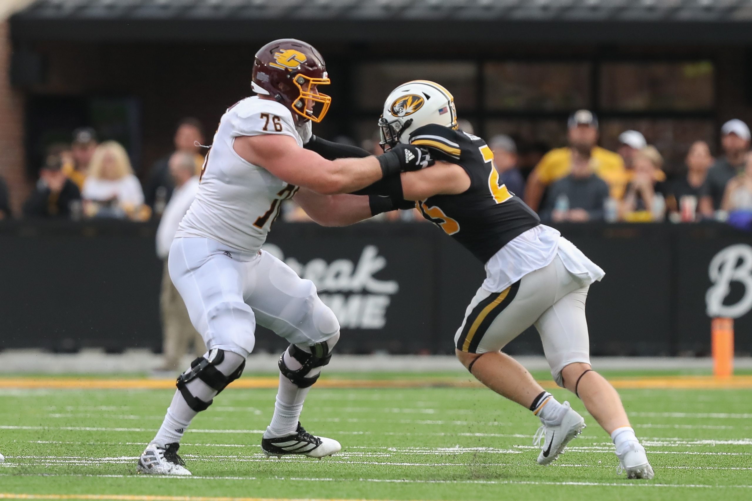 COLUMBIA, MO - SEPTEMBER 04: Central Michigan Chippewas offensive lineman Bernhard Raimann (76) blocks Missouri Tigers linebacker Blaze Alldredge (25) in the fourth quarter of a college football game between the Central Michigan Chippewas and Missouri Tigers on Sep 4, 2021 at Memorial Stadium at Faurot Field in Columbia, MO. (Photo by Scott Winters/Icon Sportswire via Getty Images)