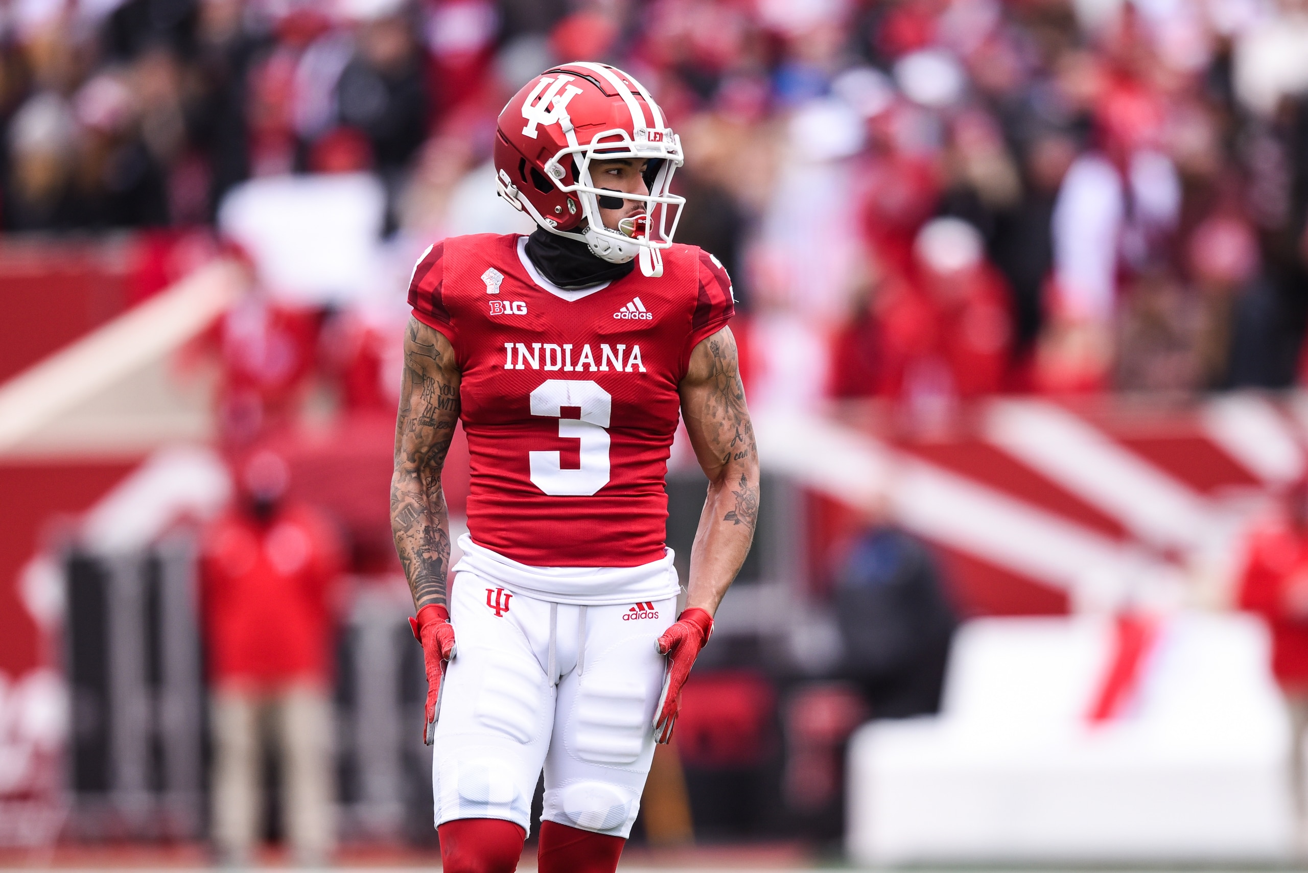 BLOOMINGTON, IN - NOVEMBER 13:  Indiana WR Ty Fryfogle (3) during a college football game between the Rutgers Scarlet Knights and Indiana Hoosiers on November 13, 2021 at Memorial Stadium in Bloomington, IN. (Photo by James Black/Icon Sportswire via Getty Images)