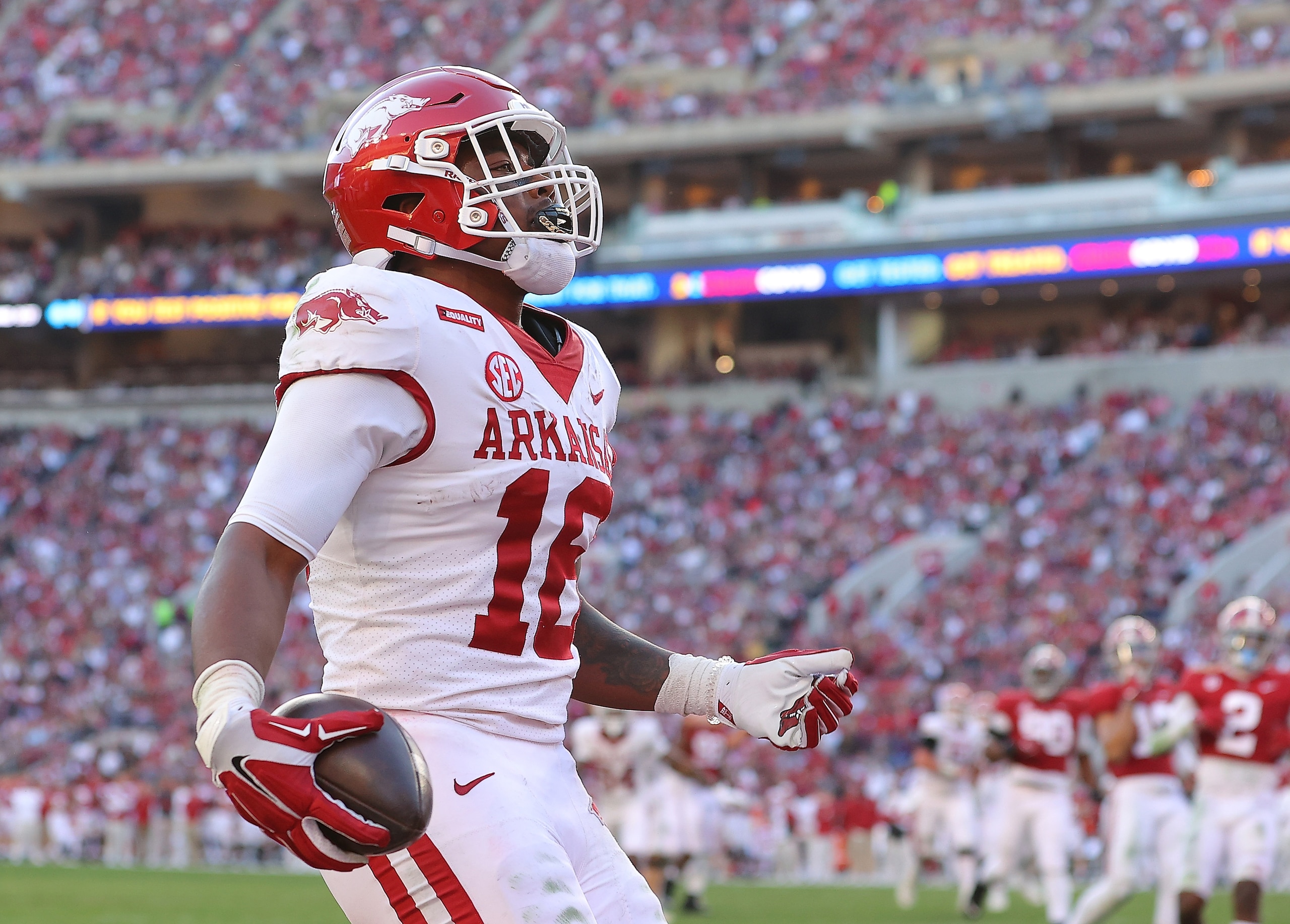 TUSCALOOSA, ALABAMA - NOVEMBER 20: Treylon Burks #16 of the Arkansas Razorbacks reacts after scoring a touchdown against the Alabama Crimson Tide during the first half at Bryant-Denny Stadium on November 20, 2021 in Tuscaloosa, Alabama. (Photo by Kevin C. Cox/Getty Images) TUSCALOOSA, ALABAMA - NOVEMBER 20: Treylon Burks #16 of the Arkansas Razorbacks reacts after scoring a touchdown against the Alabama Crimson Tide during the first half at Bryant-Denny Stadium on November 20, 2021 in Tuscaloosa, Alabama. (Photo by Kevin C. Cox/Getty Images)