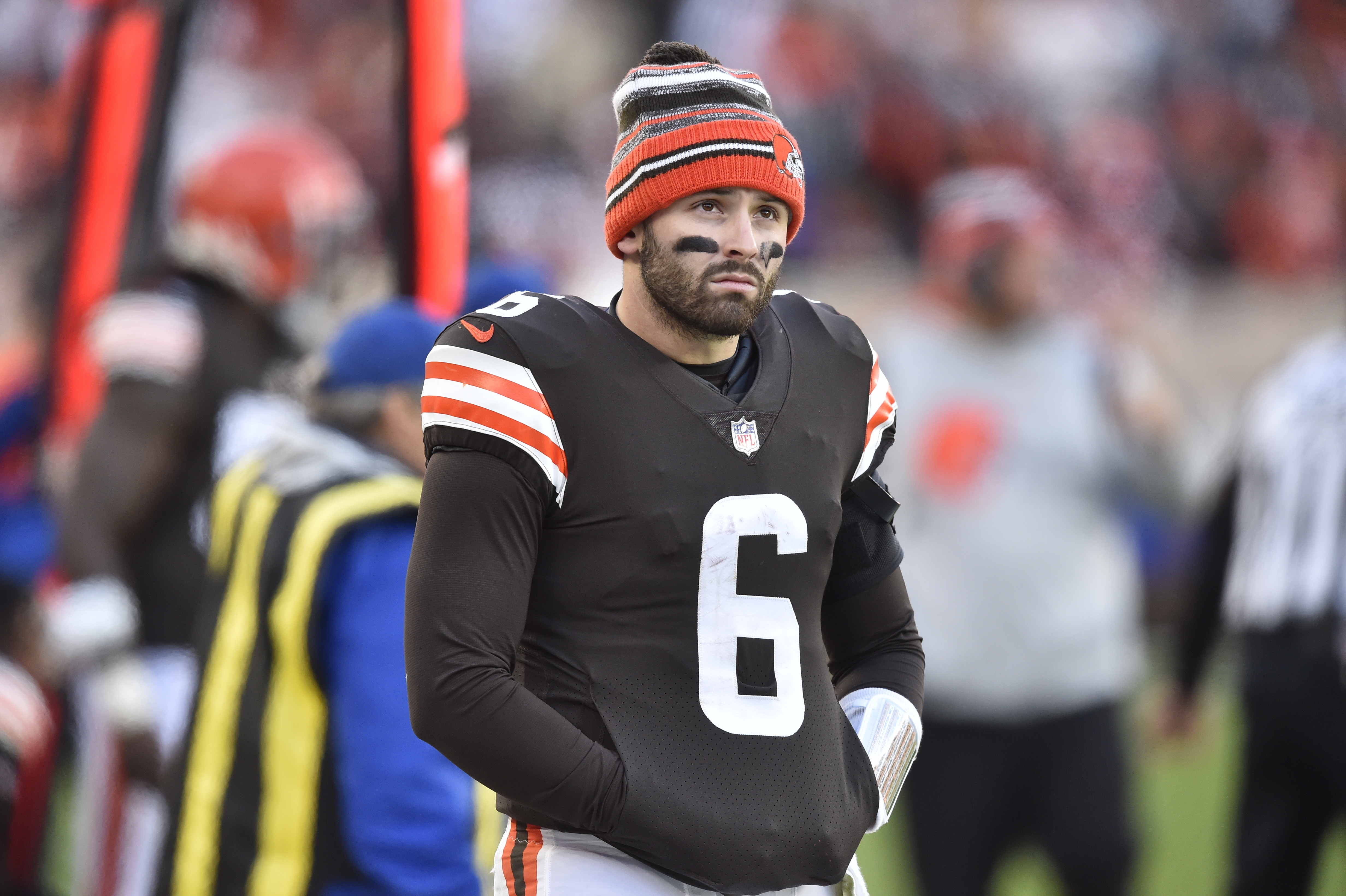 Cleveland Browns quarterback Baker Mayfield stands on the sideline during an NFL football game against the Baltimore Ravens, Sunday, Dec. 12, 2021, in Cleveland. The Browns won 24-22. (AP Photo/David Richard)