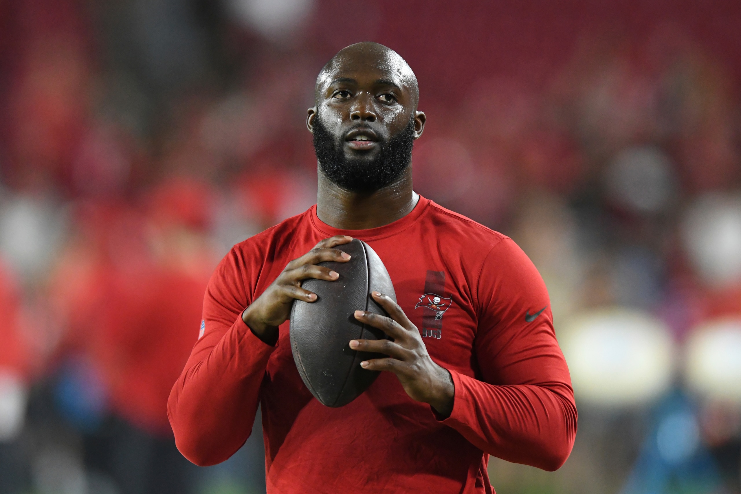Tampa Bay Buccaneers running back Leonard Fournette (7) before an NFL football game against the New Orleans Saints Sunday, Dec. 19, 2021, in Tampa, Fla. (AP Photo/Jason Behnken)