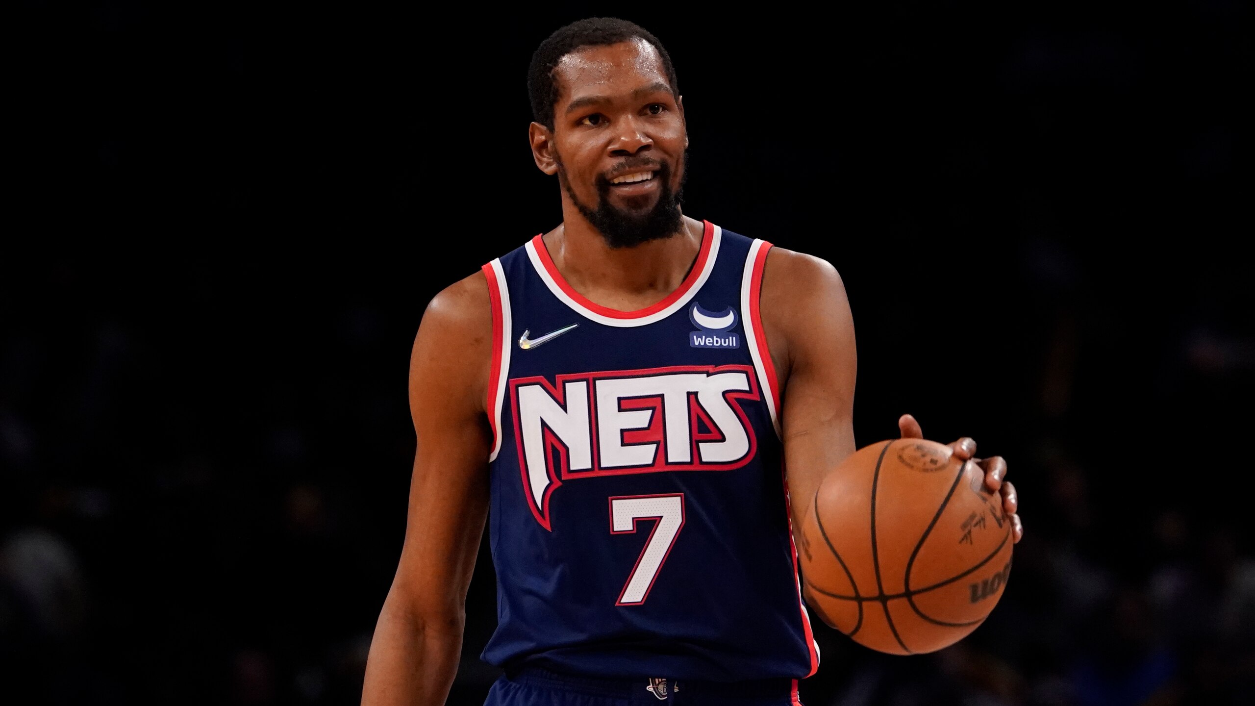 Brooklyn Nets forward Kevin Durant during the second half of an NBA basketball game against the Philadelphia 76ers, Thursday, Dec. 16, 2021, in New York. The Nets won 114-105. (AP Photo/Mary Altaffer)
