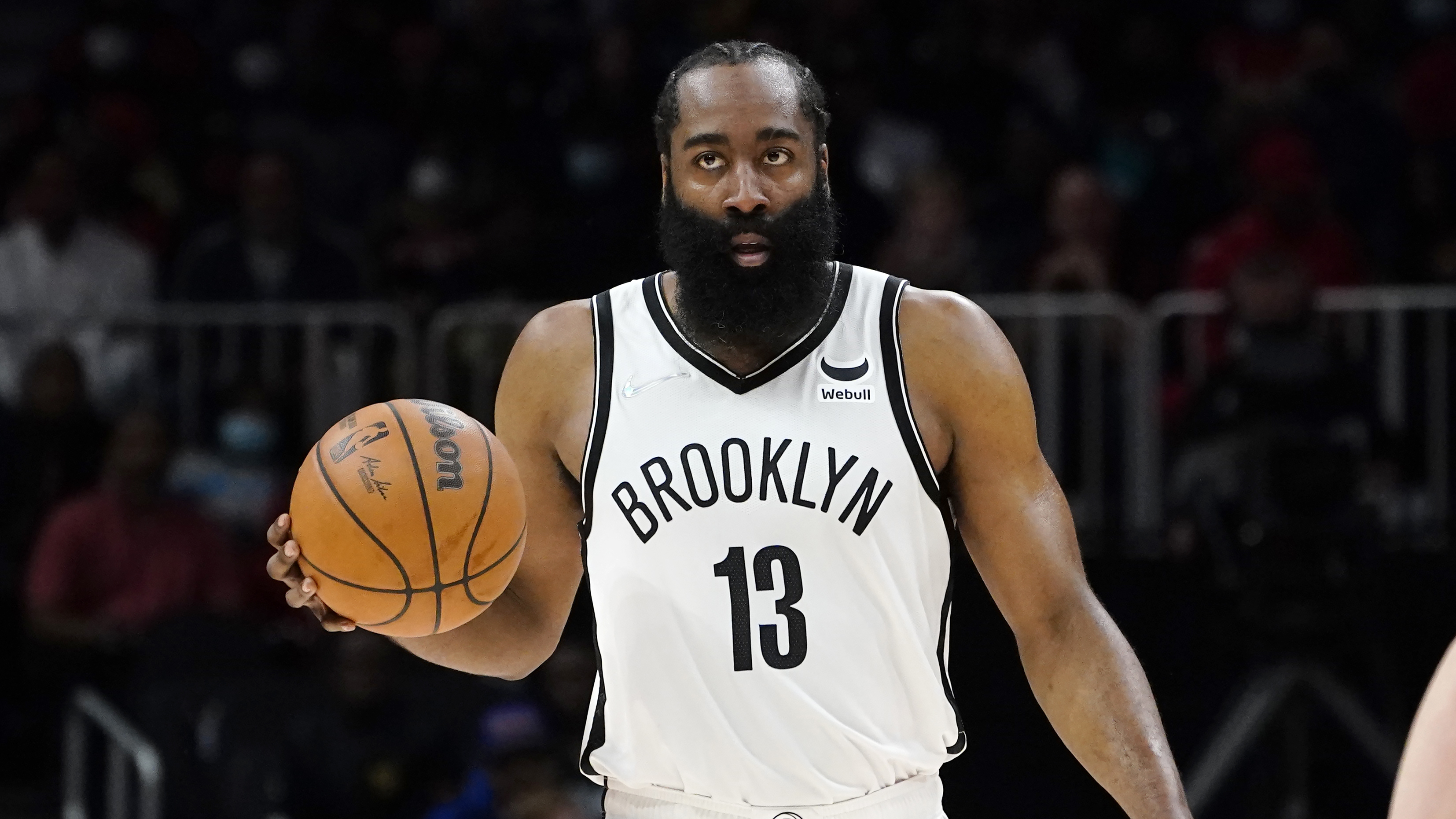 Brooklyn Nets guard James Harden (13) is shown against the Atlanta Hawks during the second half of an NBA basketball game Friday, Dec. 10, 2021, in Atlanta. (AP Photo/John Bazemore)