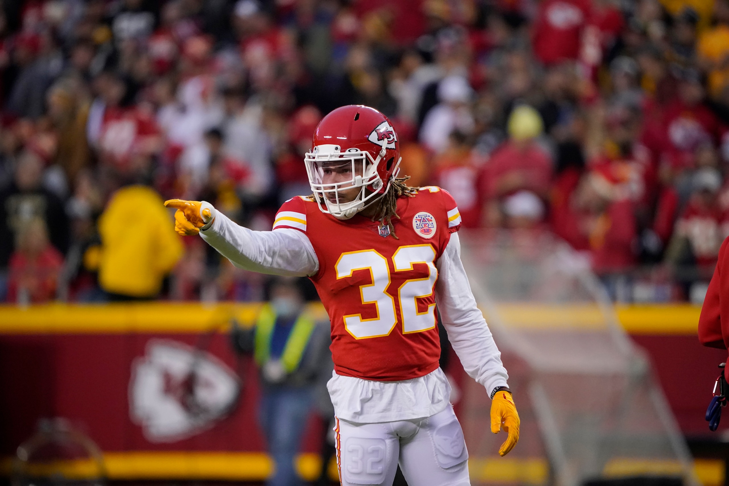 Kansas City Chiefs free safety Tyrann Mathieu (32) points during the first half of an NFL football game against the Pittsburgh Steelers Sunday, Dec. 26, 2021, in Kansas City, Mo. (AP Photo/Ed Zurga) Kansas City Chiefs free safety Tyrann Mathieu (32) points during the first half of an NFL football game against the Pittsburgh Steelers Sunday, Dec. 26, 2021, in Kansas City, Mo. (AP Photo/Ed Zurga)