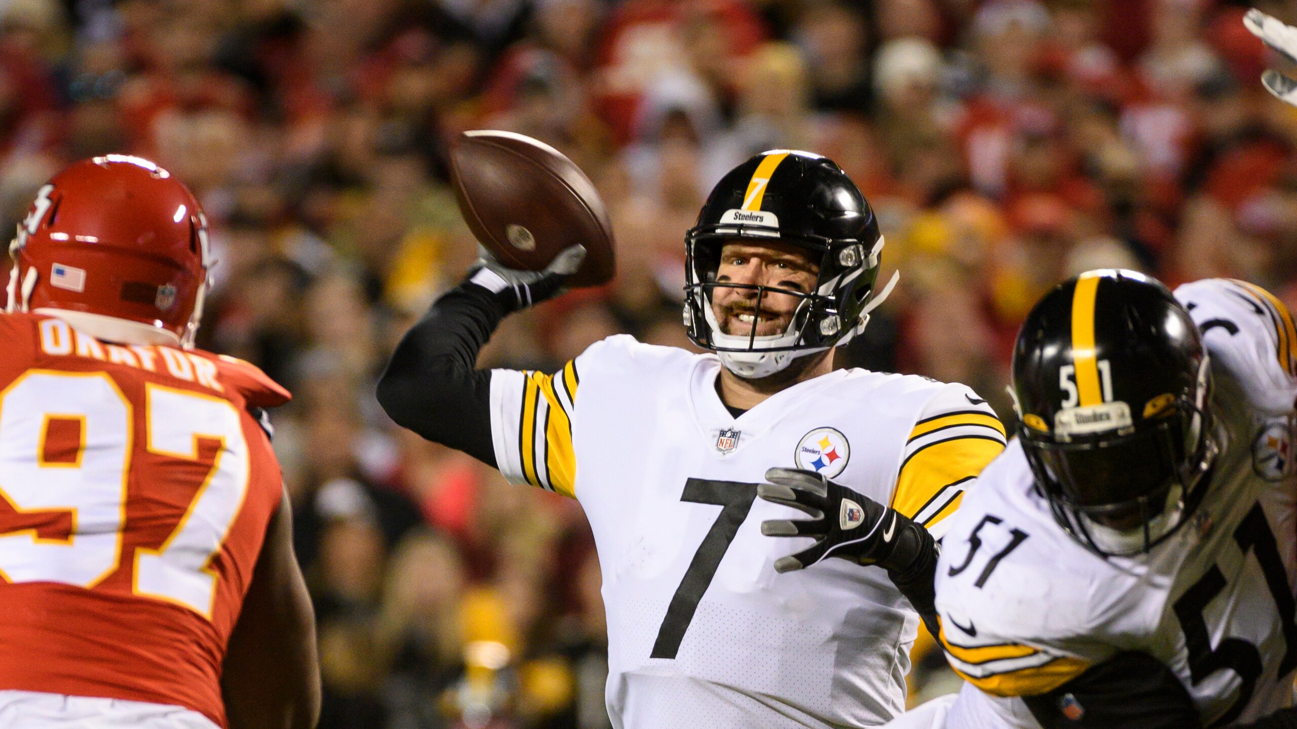 Pittsburgh Steelers quarterback Ben Roethlisberger throws while under pressure from the Kansas City Chiefs during the second half of an NFL football game, Sunday, Dec. 26, 2021 in Kansas City, Mo. (AP Photo/Reed Hoffmann)