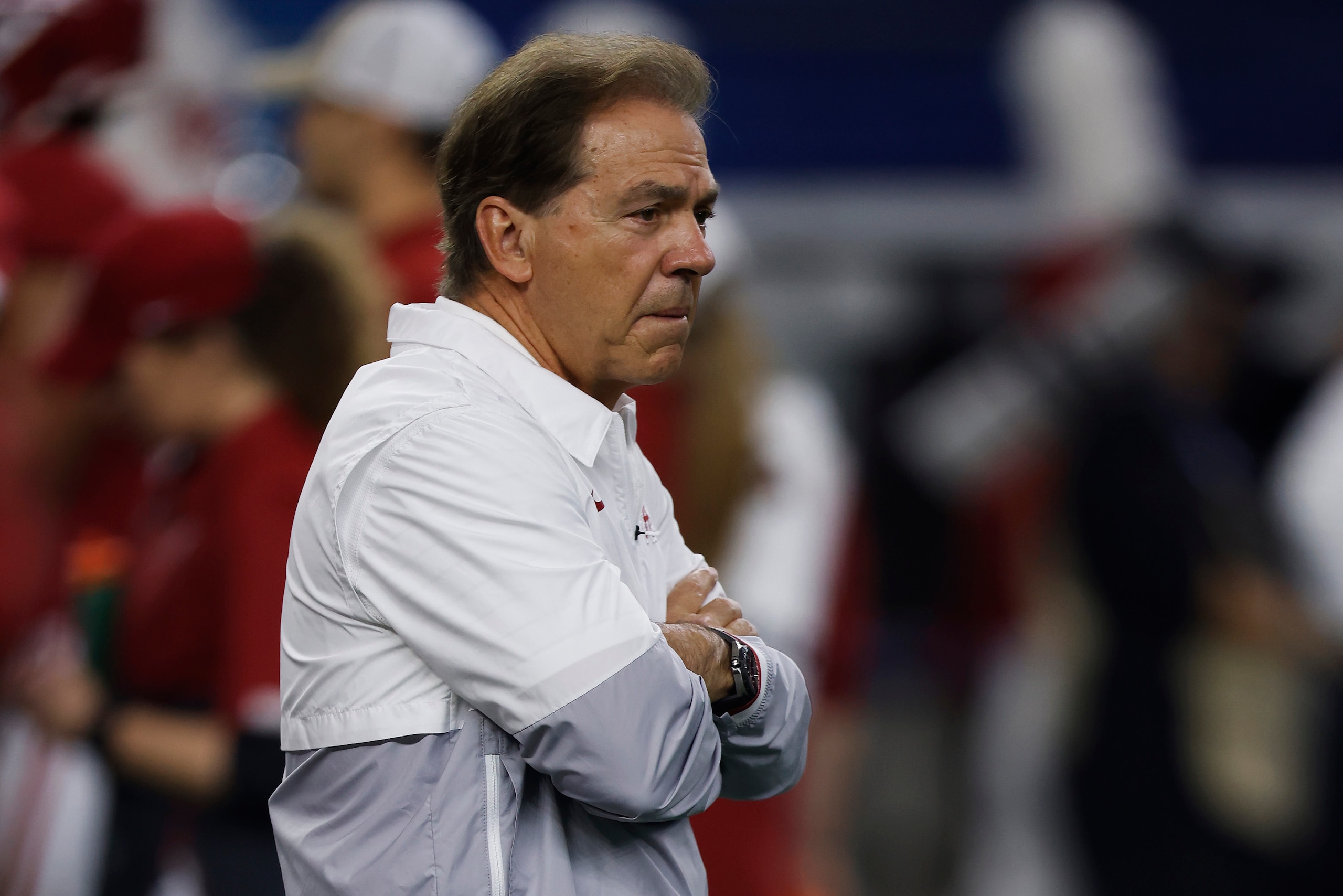 ARLINGTON, TEXAS - DECEMBER 31: Head coach Nick Saban of the Alabama Crimson Tide looks on during pregame warm-ups prior to a game against the Cincinnati Bearcats in the Goodyear Cotton Bowl Classic for the College Football Playoff semifinal game at AT&T Stadium on December 31, 2021 in Arlington, Texas. (Photo by Ron Jenkins/Getty Images) ARLINGTON, TEXAS - DECEMBER 31: Head coach Nick Saban of the Alabama Crimson Tide looks on during pregame warm-ups prior to a game against the Cincinnati Bearcats in the Goodyear Cotton Bowl Classic for the College Football Playoff semifinal game at AT&T Stadium on December 31, 2021 in Arlington, Texas. (Photo by Ron Jenkins/Getty Images)
