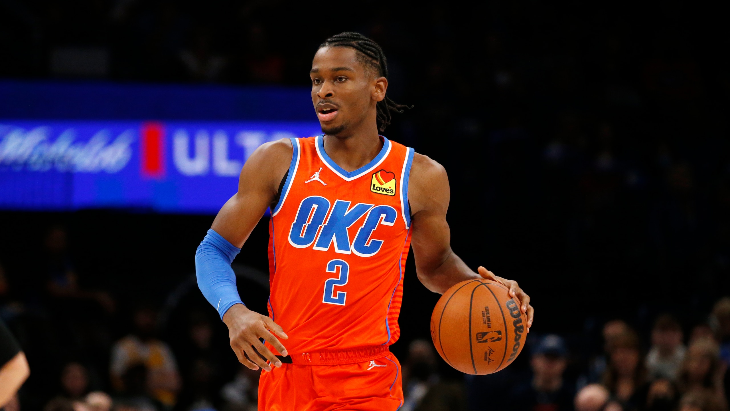 Oklahoma City Thunder guard Shai Gilgeous-Alexander (2) during the first half of an NBA basketball game against the New Orleans Pelicans, Sunday, Dec. 26, 2021, in Oklahoma City. (AP Photo/Garett Fisbeck)