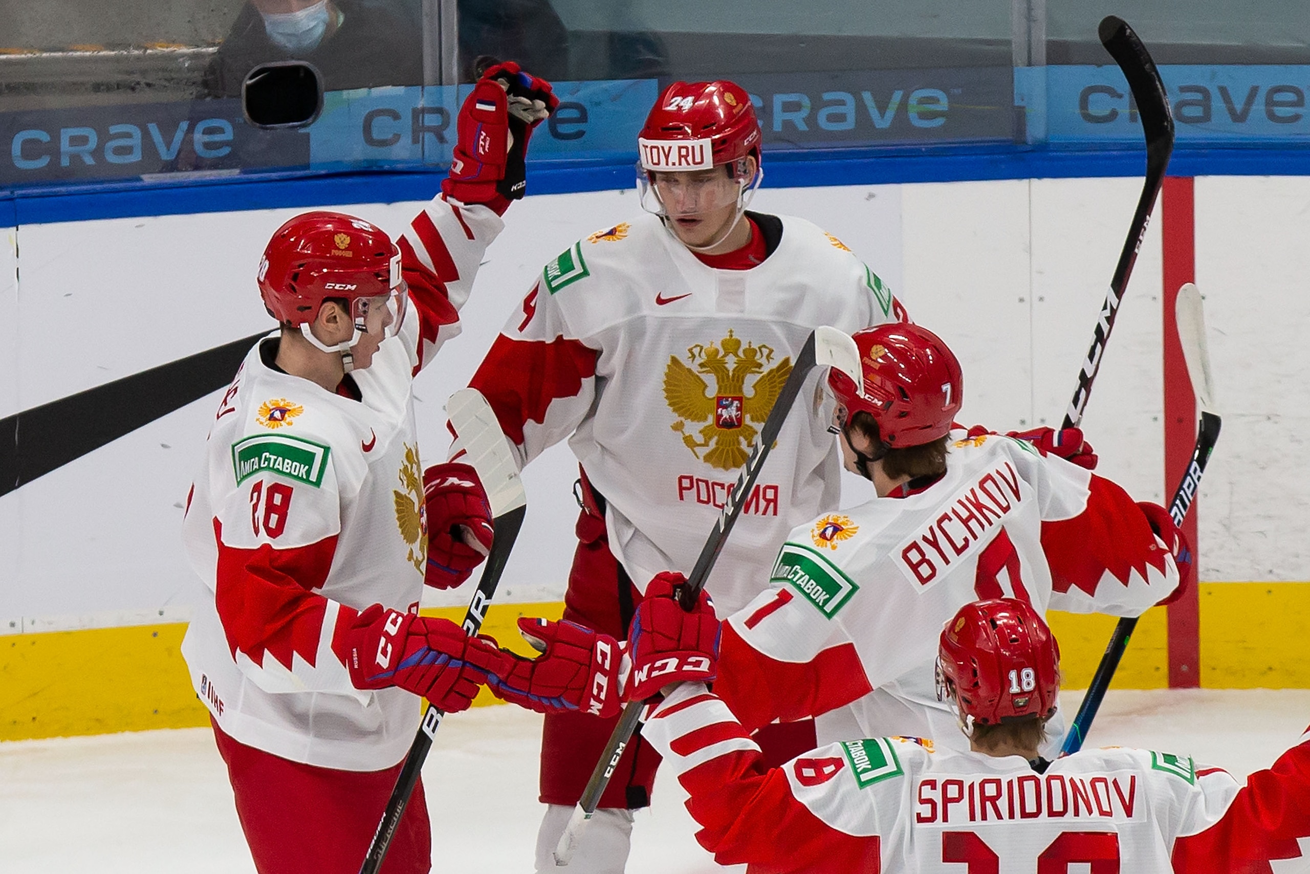 EDMONTON, AB - JANUARY 05: Maxim Groshev #28, Ilya Safonov #24 and Roman Bychkov #7 of Russia celebrate a goal against Finland during the 2021 IIHF World Junior Championship bronze medal game at Rogers Place on January 5, 2021 in Edmonton, Canada. (Photo by Codie McLachlan/Getty Images)