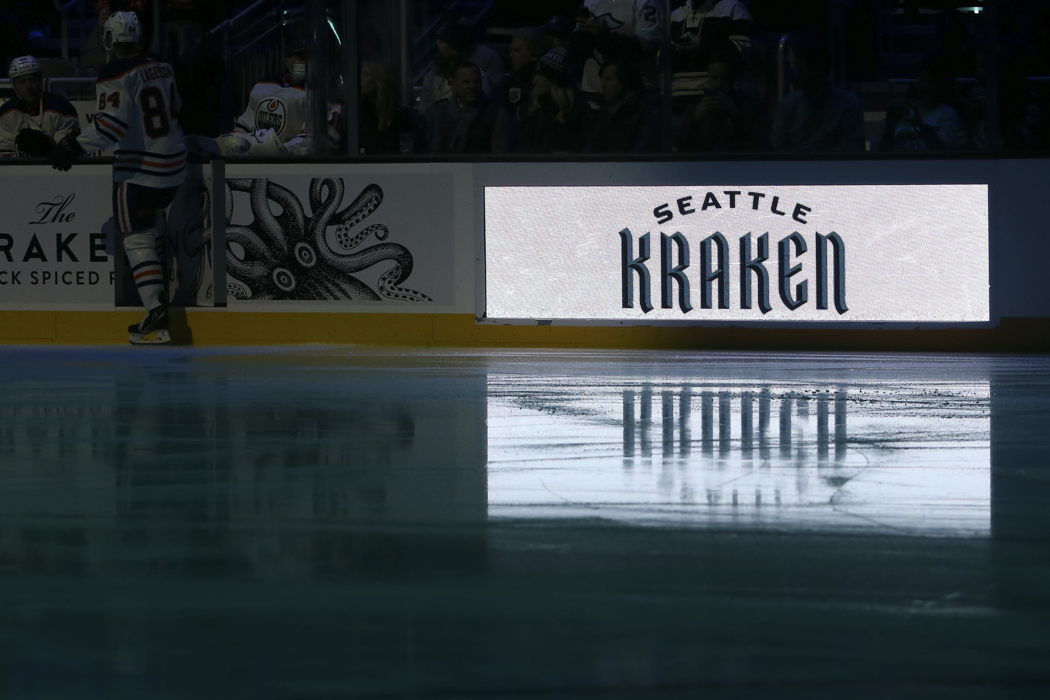 SEATTLE, WA - DECEMBER 18: Seattle Kraken logo on a sign during warms up before an NHL hockey game between the Edmonton Oilers and the Seattle Kraken  on December 18, 2021 at Climate Pledge Arena in Seattle, WA. (Photo by Jacob Snow/Icon Sportswire via Getty Images)