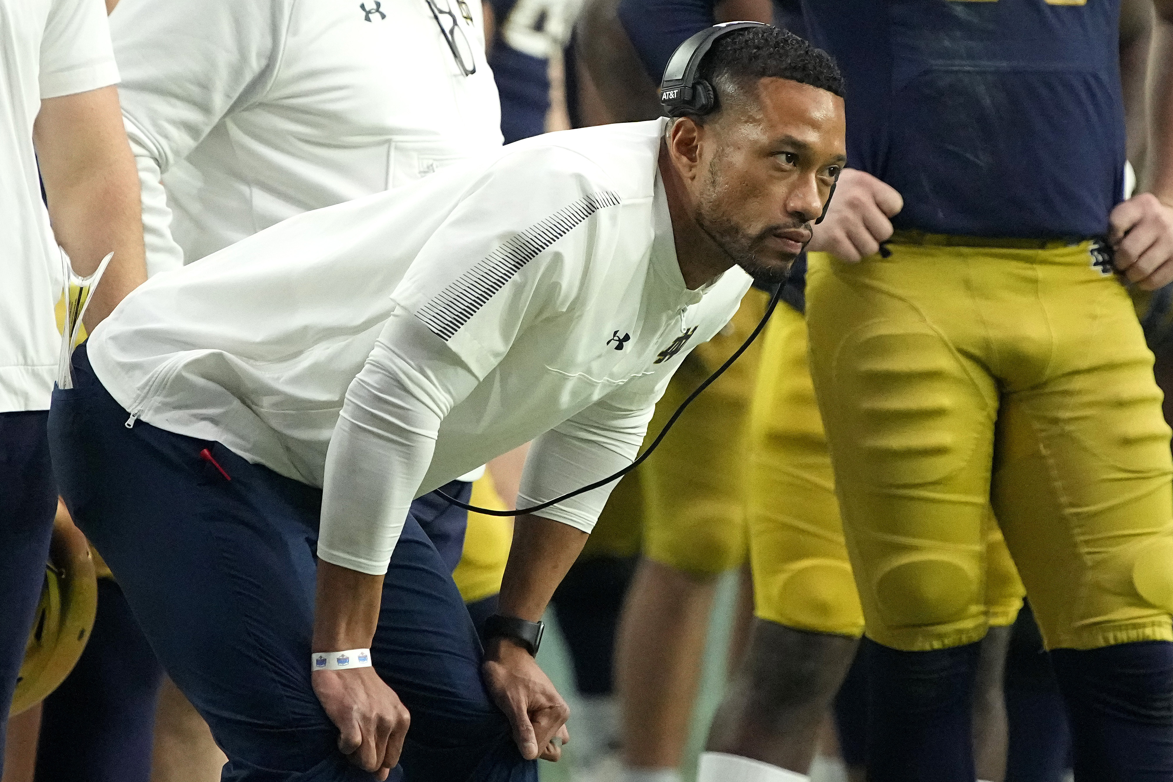 Notre Dame head coach Marcus Freeman watches during the second half of the Fiesta Bowl NCAA college football game against Oklahoma State, Saturday, Jan. 1, 2022, in Glendale, Ariz. (AP Photo/Rick Scuteri)