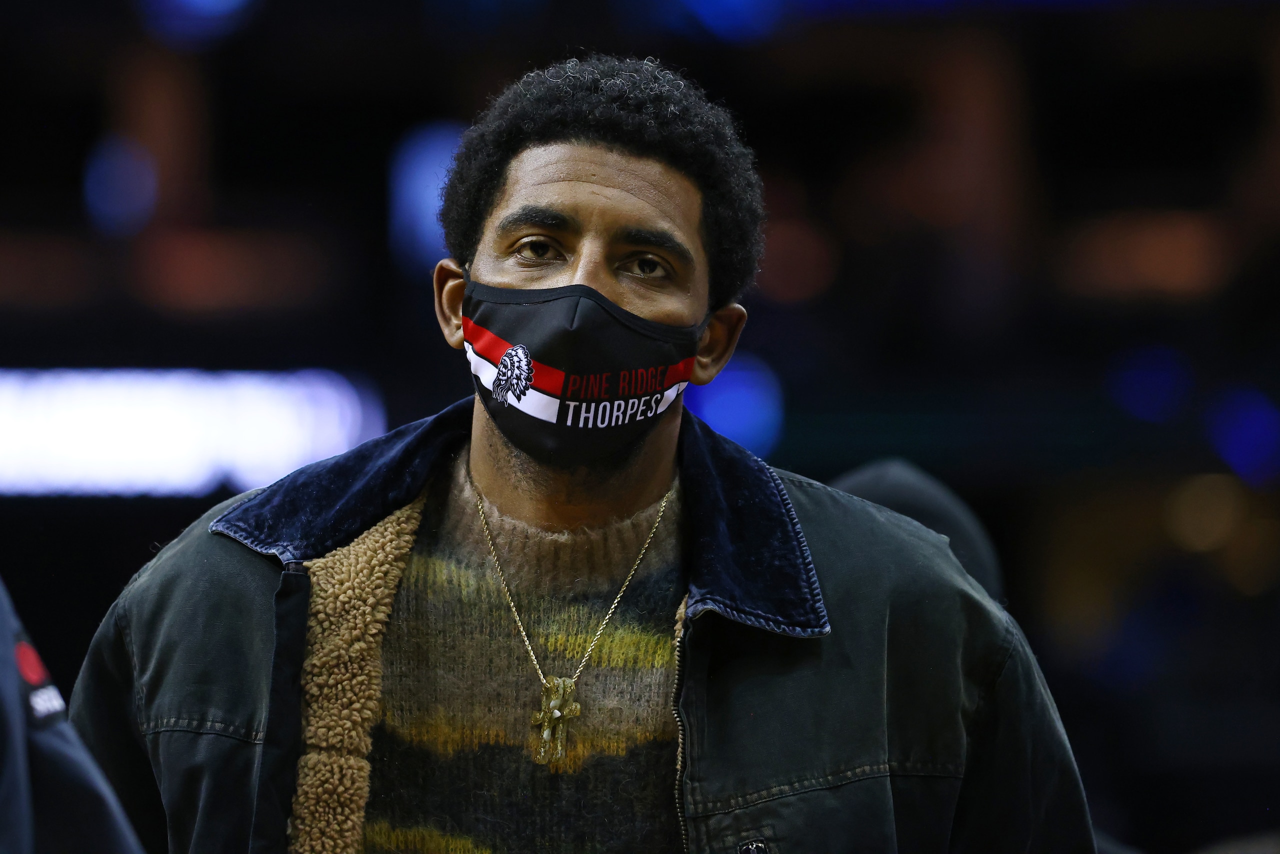 NEWARK, NJ - JANUARY 01: Kyrie Irving of the Brooklyn Nets attends a game between the Villanova Wildcats and Seton Hall Pirates at Prudential Center on January 1, 2022 in Newark, New Jersey. Villanova defeated Seton Hall 73-67. (Photo by Rich Schultz/Getty Images) NEWARK, NJ - JANUARY 01: Kyrie Irving of the Brooklyn Nets attends a game between the Villanova Wildcats and Seton Hall Pirates at Prudential Center on January 1, 2022 in Newark, New Jersey. Villanova defeated Seton Hall 73-67. (Photo by Rich Schultz/Getty Images)