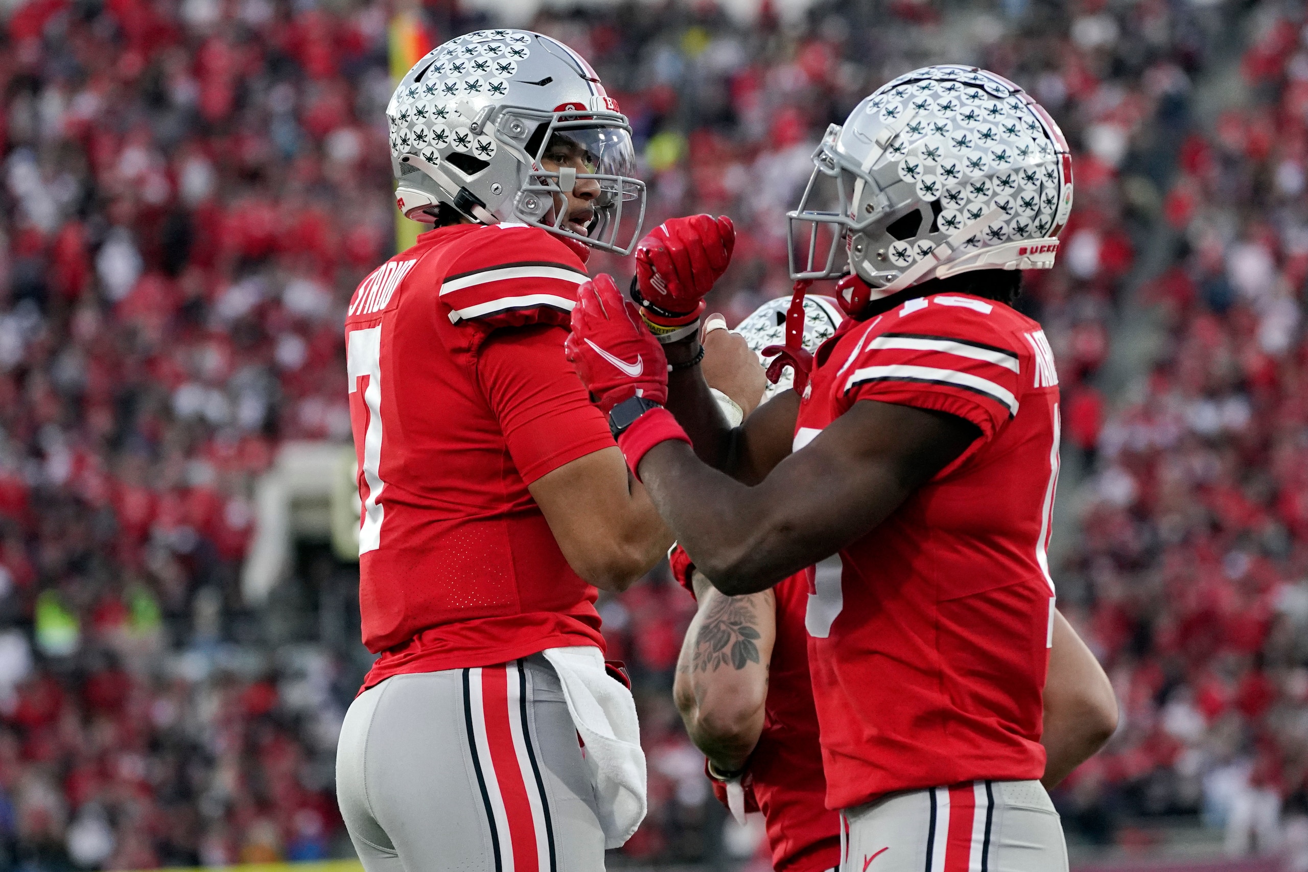 Ohio State wide receiver Jaxon Smith-Njigba, right, celebrates his touchdown catch with quarterback C.J. Stroud during the second half in the Rose Bowl NCAA college football game against Utah Saturday, Jan. 1, 2022, in Pasadena, Calif. (AP Photo/Mark J. Terrill) Ohio State wide receiver Jaxon Smith-Njigba, right, celebrates his touchdown catch with quarterback C.J. Stroud during the second half in the Rose Bowl NCAA college football game against Utah Saturday, Jan. 1, 2022, in Pasadena, Calif. (AP Photo/Mark J. Terrill)