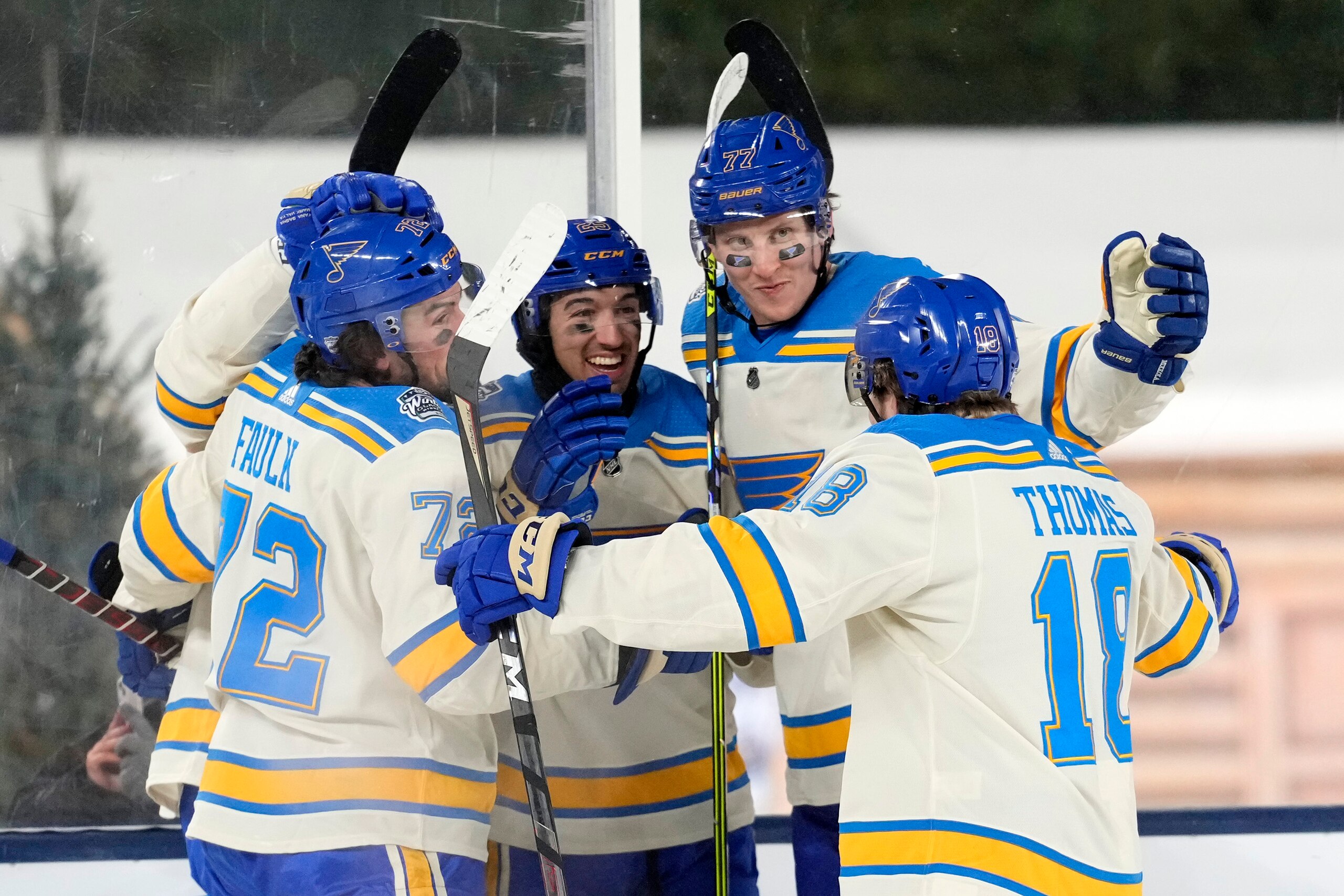 MINNEAPOLIS, MINNESOTA - JANUARY 01: Vladimir Tarasenko #91 of the St. Louis Blues celebrates his goal with Justin Faulk #72, Jordan Kyrou #25, Niko Mikkola #77 and Robert Thomas #18 during the second period of the 2022 NHL Winter Classic between the St. Louis Blues and the Minnesota Wild at Target Field on January 01, 2022 in Minneapolis, Minnesota. (Photo by Patrick McDermott/NHLI via Getty Images) MINNEAPOLIS, MINNESOTA - JANUARY 01: Vladimir Tarasenko #91 of the St. Louis Blues celebrates his goal with Justin Faulk #72, Jordan Kyrou #25, Niko Mikkola #77 and Robert Thomas #18 during the second period of the 2022 NHL Winter Classic between the St. Louis Blues and the Minnesota Wild at Target Field on January 01, 2022 in Minneapolis, Minnesota. (Photo by Patrick McDermott/NHLI via Getty Images)