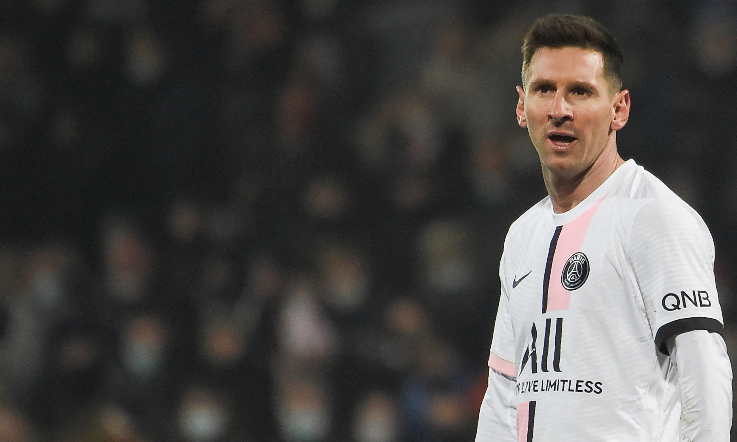 Paris Saint-Germain's Argentinian forward Lionel Messi reacts during the French L1 football match between FC Lorient and Paris Saint-Germain at the Yves Allainmat-Le Moustoir Stadium in Lorient, western France, on December 22, 2021. (Photo by Sebastien SALOM-GOMIS / AFP) (Photo by SEBASTIEN SALOM-GOMIS/AFP via Getty Images) Paris Saint-Germain's Argentinian forward Lionel Messi reacts during the French L1 football match between FC Lorient and Paris Saint-Germain at the Yves Allainmat-Le Moustoir Stadium in Lorient, western France, on December 22, 2021. (Photo by Sebastien SALOM-GOMIS / AFP) (Photo by SEBASTIEN SALOM-GOMIS/AFP via Getty Images)