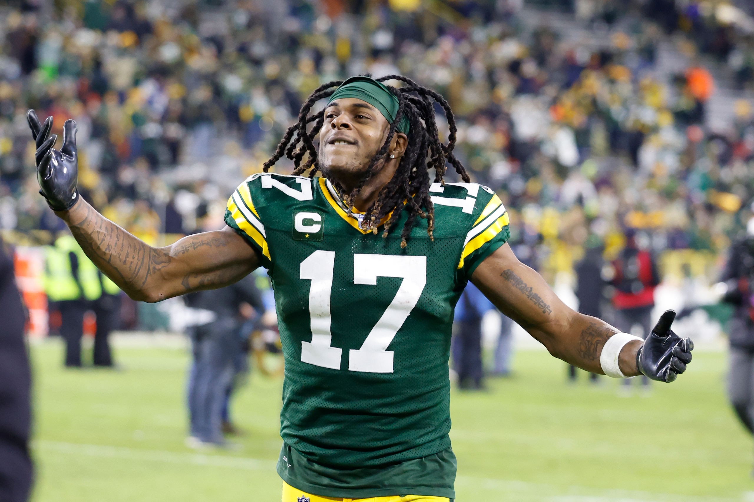 Green Bay Packers wide receiver Davante Adams (17) reacts after an NFL football game against the Cleveland Browns Saturday, Dec 25. 2021, in Green Bay, Wis. (AP Photo/Jeffrey Phelps) Green Bay Packers wide receiver Davante Adams (17) reacts after an NFL football game against the Cleveland Browns Saturday, Dec 25. 2021, in Green Bay, Wis. (AP Photo/Jeffrey Phelps)
