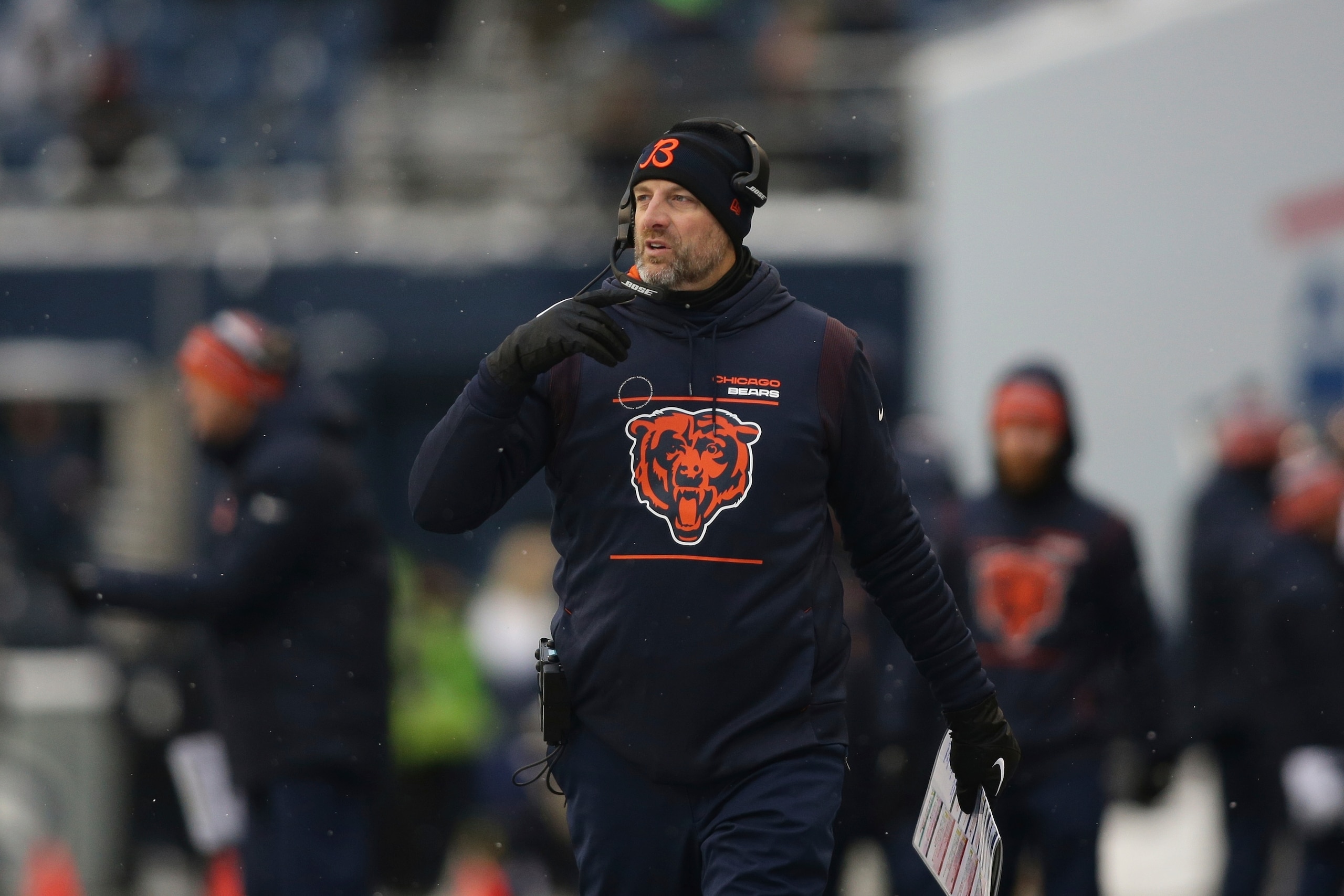 Chicago Bears head coach Matt Nagy looks toward the field against the Seattle Seahawks during the first half of an NFL football game, Sunday, Dec. 26, 2021, in Seattle. (AP Photo/Lindsey Wasson)