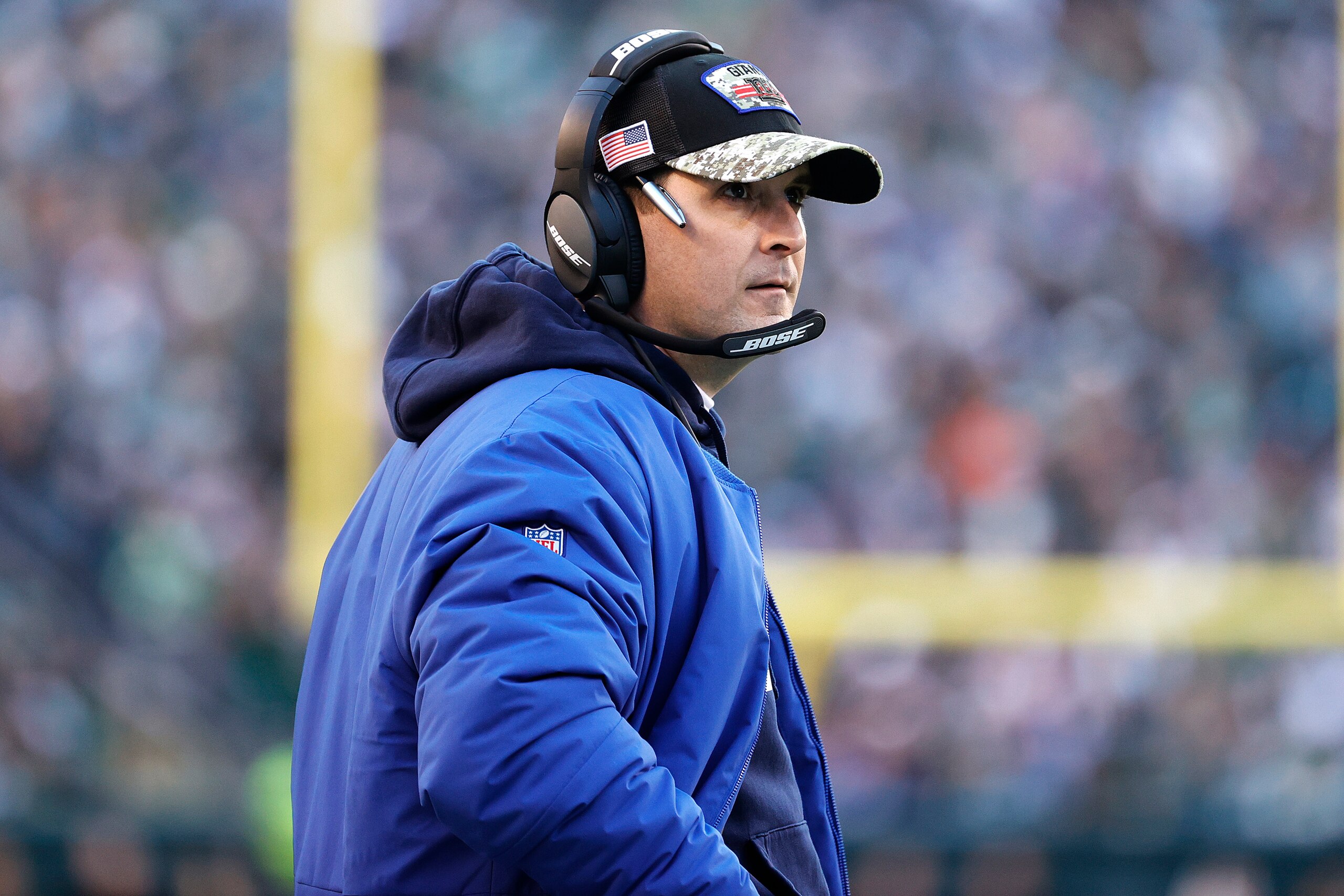 PHILADELPHIA, PENNSYLVANIA - DECEMBER 26: Head coach Joe Judge of the New York Giants looks on during the fourth quarter against the Philadelphia Eagles at Lincoln Financial Field on December 26, 2021 in Philadelphia, Pennsylvania. (Photo by Tim Nwachukwu/Getty Images)