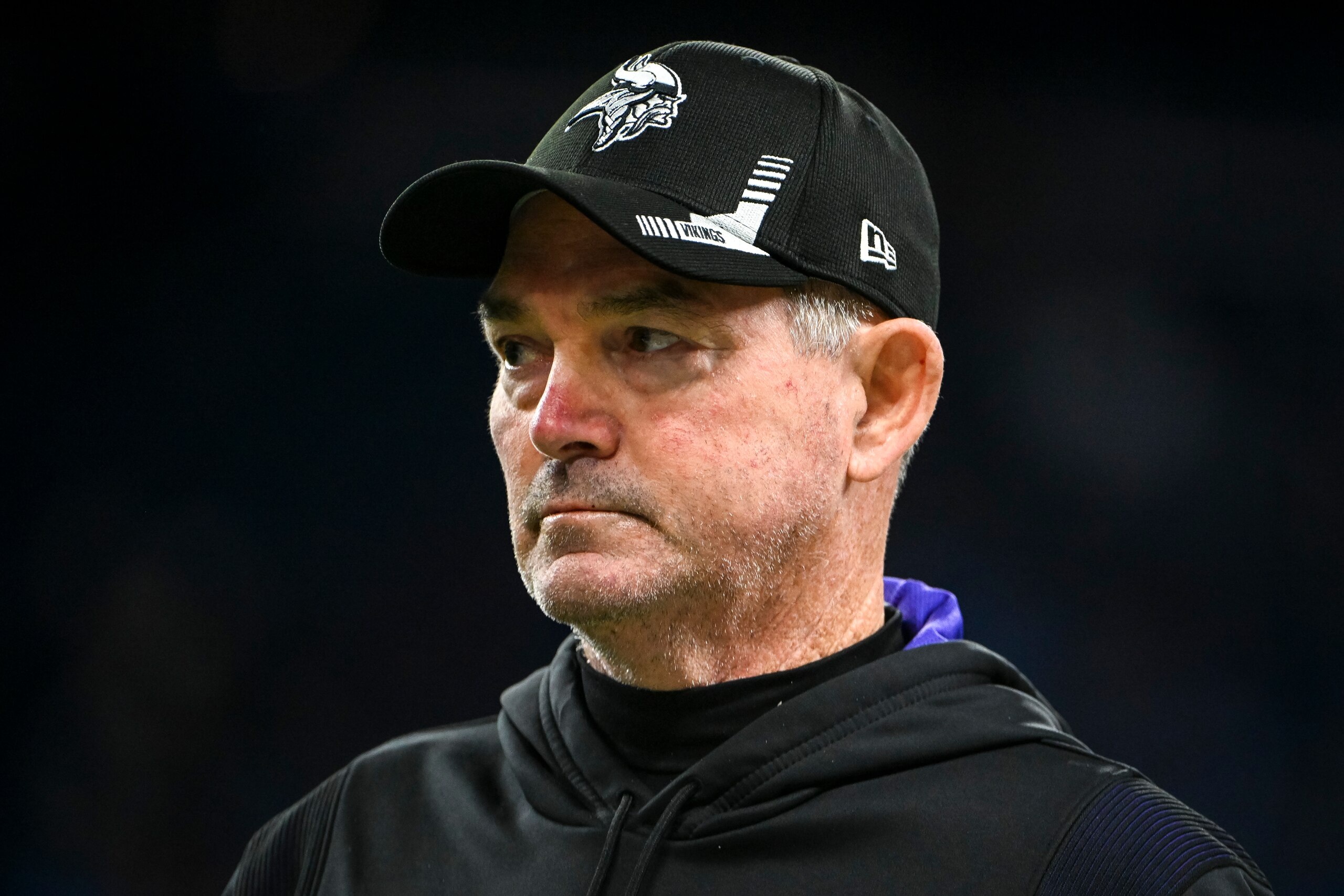 DETROIT, MICHIGAN - DECEMBER 05: Head coach Mike Zimmer of the Minnesota Vikings looks on before the game against the Detroit Lions at Ford Field on December 05, 2021 in Detroit, Michigan. (Photo by Nic Antaya/Getty Images)