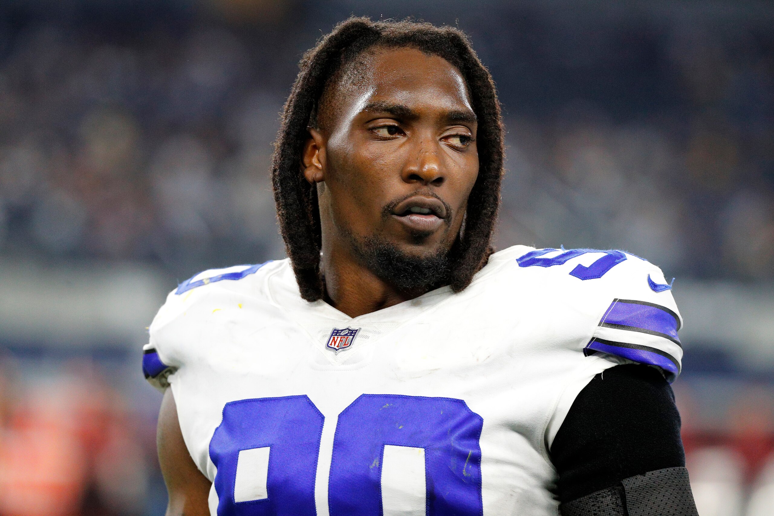 ARLINGTON, TEXAS - DECEMBER 26: Demarcus Lawrence #90 of the Dallas Cowboys looks on during the fourth quarter against the Washington Football Team at AT&T Stadium on December 26, 2021 in Arlington, Texas. (Photo by Richard Rodriguez/Getty Images)