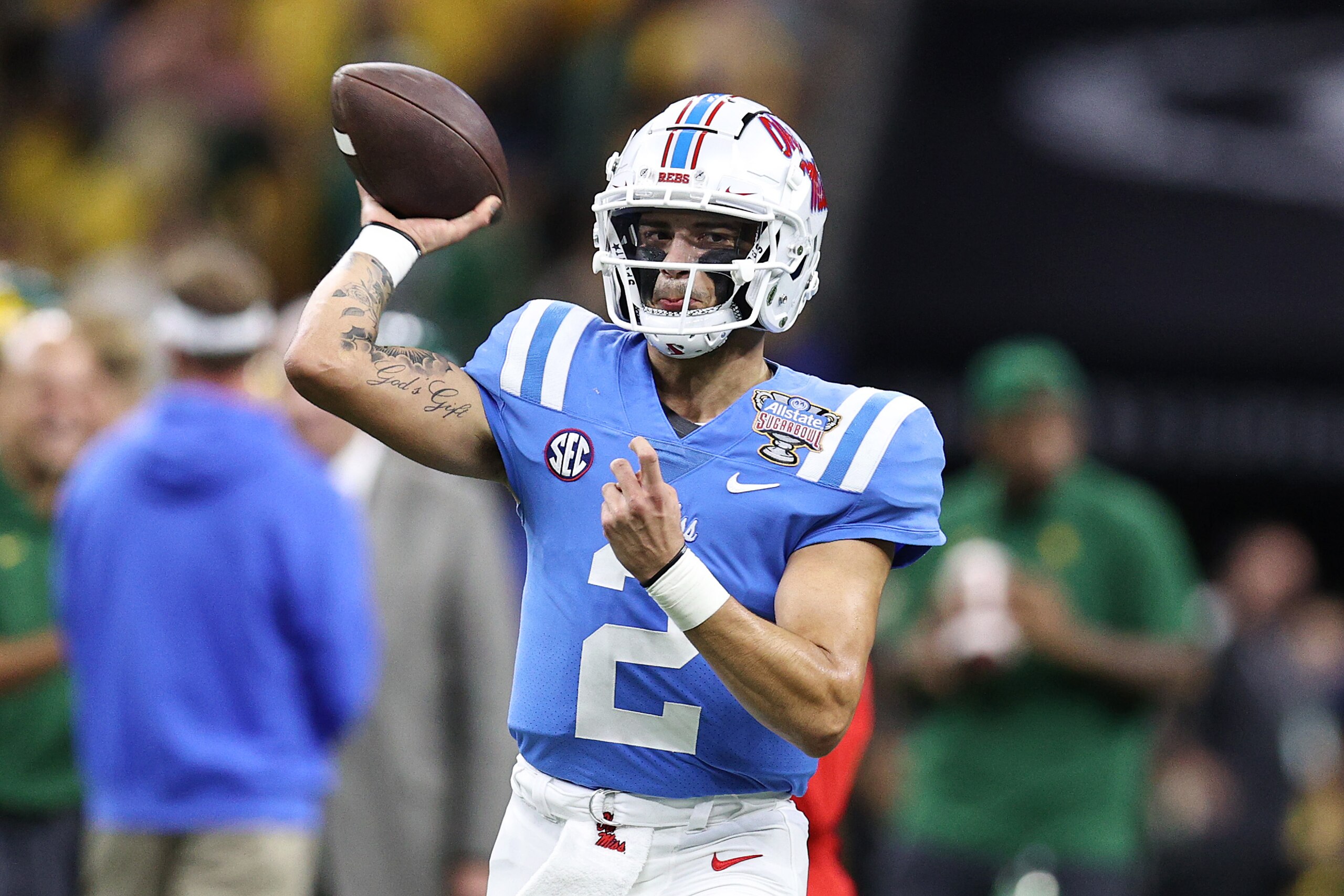 NEW ORLEANS, LOUISIANA - JANUARY 01: Matt Corral #2 of the Mississippi Rebels warms up prior to the Allstate Sugar Bowl against the Baylor Bears at Caesars Superdome on January 01, 2022 in New Orleans, Louisiana. (Photo by Sean Gardner/Getty Images)