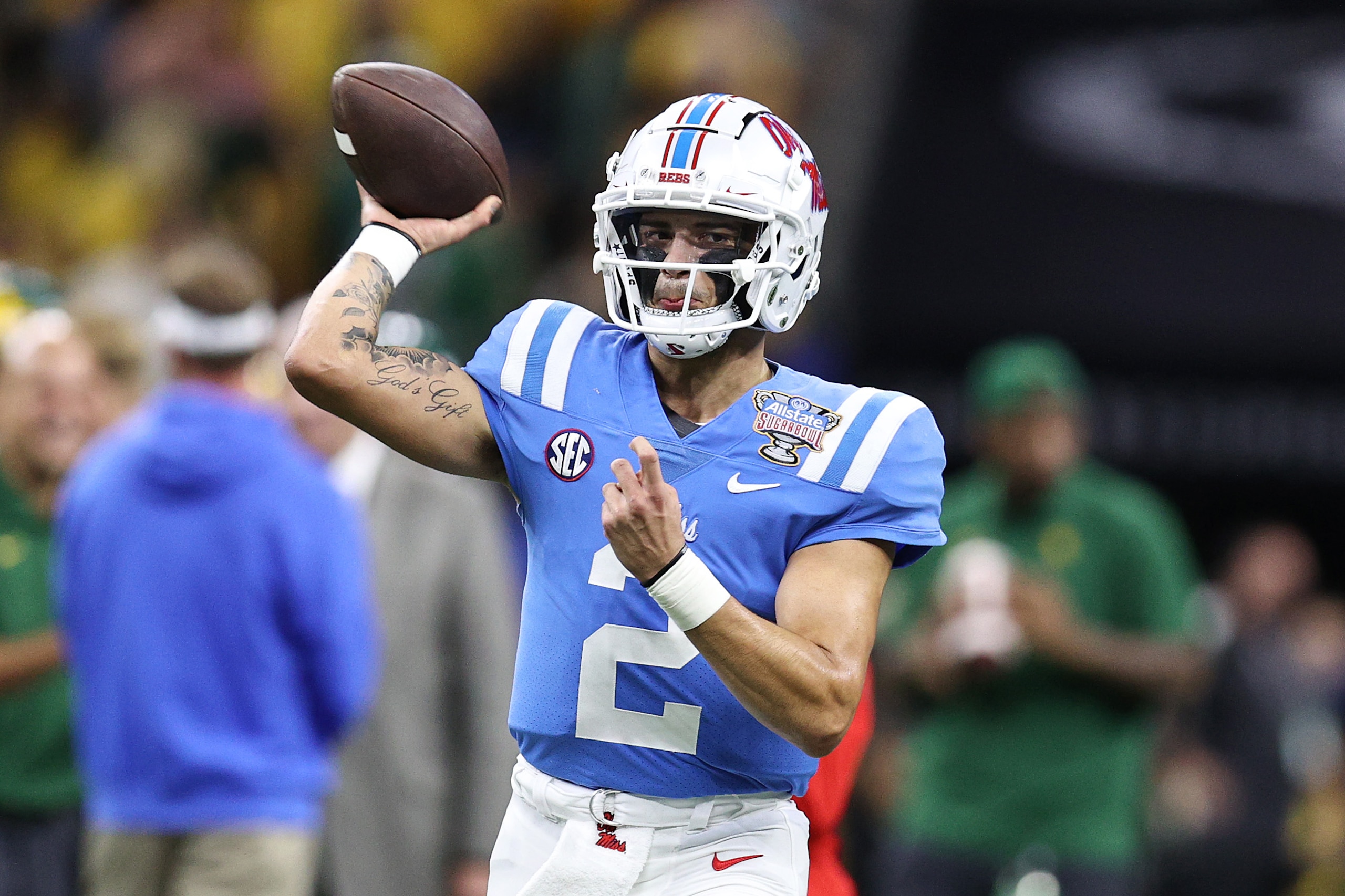NEW ORLEANS, LOUISIANA - JANUARY 01: Matt Corral #2 of the Mississippi Rebels warms up prior to the Allstate Sugar Bowl against the Baylor Bears at Caesars Superdome on January 01, 2022 in New Orleans, Louisiana. (Photo by Sean Gardner/Getty Images)