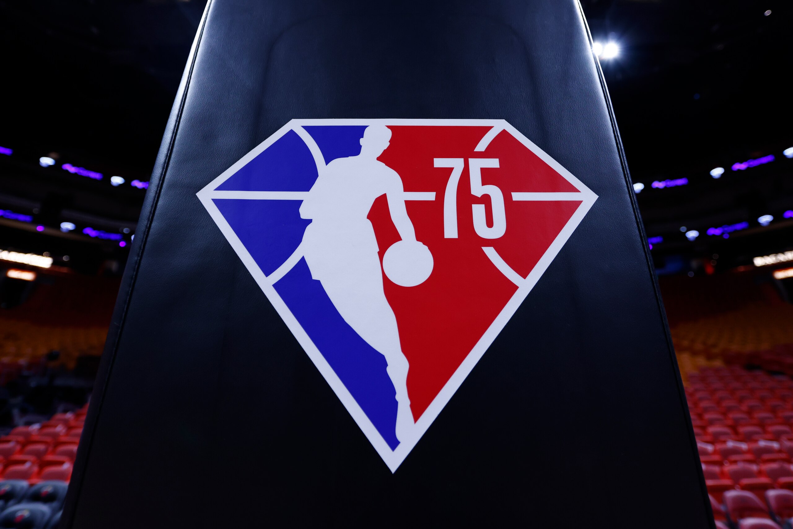 MIAMI, FLORIDA - DECEMBER 08: A detail of the 75th anniversary NBA logo prior to the game between the Miami Heat and the Milwaukee Bucks at FTX Arena on December 08, 2021 in Miami, Florida. NOTE TO USER: User expressly acknowledges and agrees that, by downloading and or using this photograph, User is consenting to the terms and conditions of the Getty Images License Agreement.  (Photo by Michael Reaves/Getty Images)