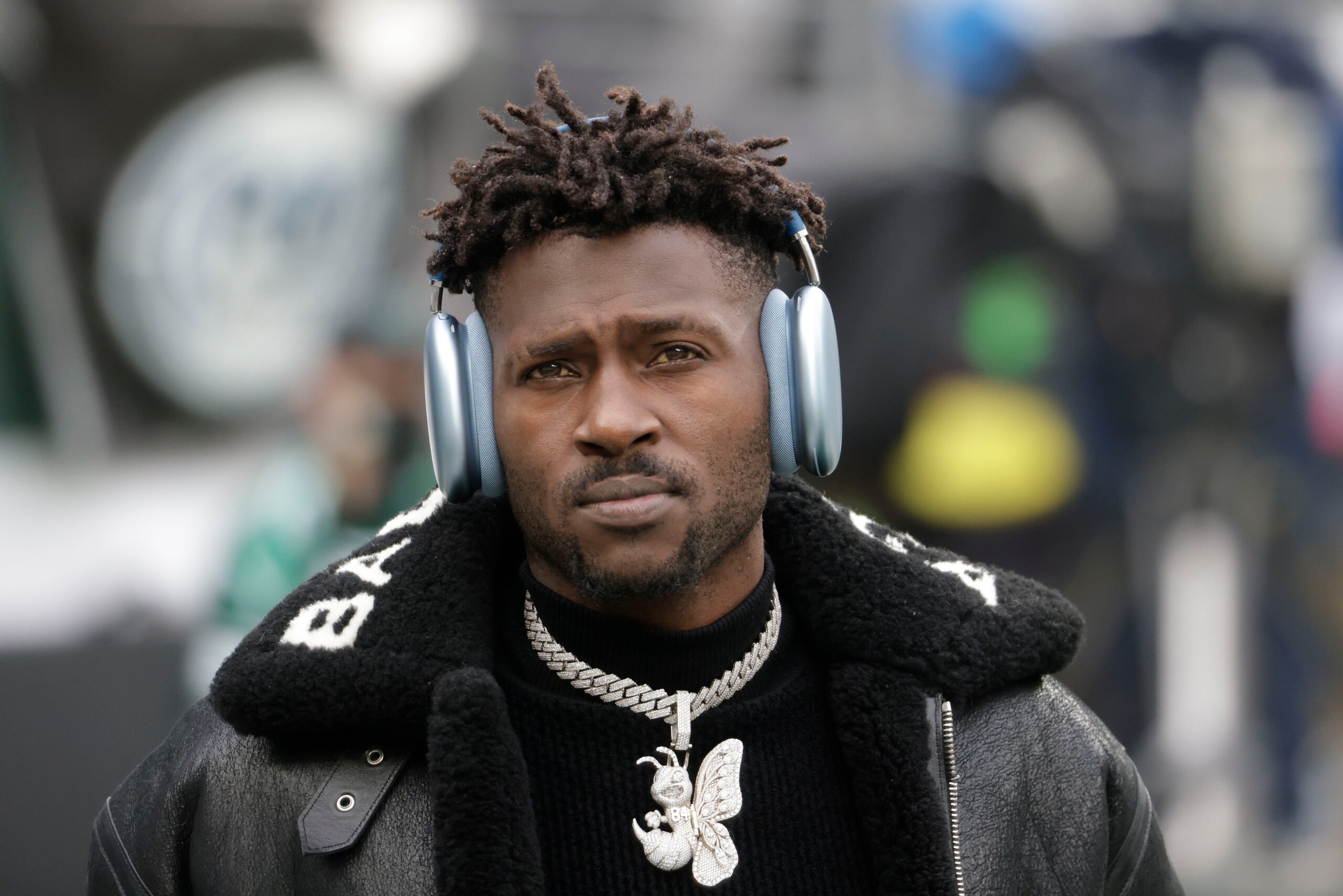 Tampa Bay Buccaneers' Antonio Brown walks on the field before an NFL football game against the New York Jets, Sunday, Jan. 2, 2022, in East Rutherford, N.J. (AP Photo/Corey Sipkin)
