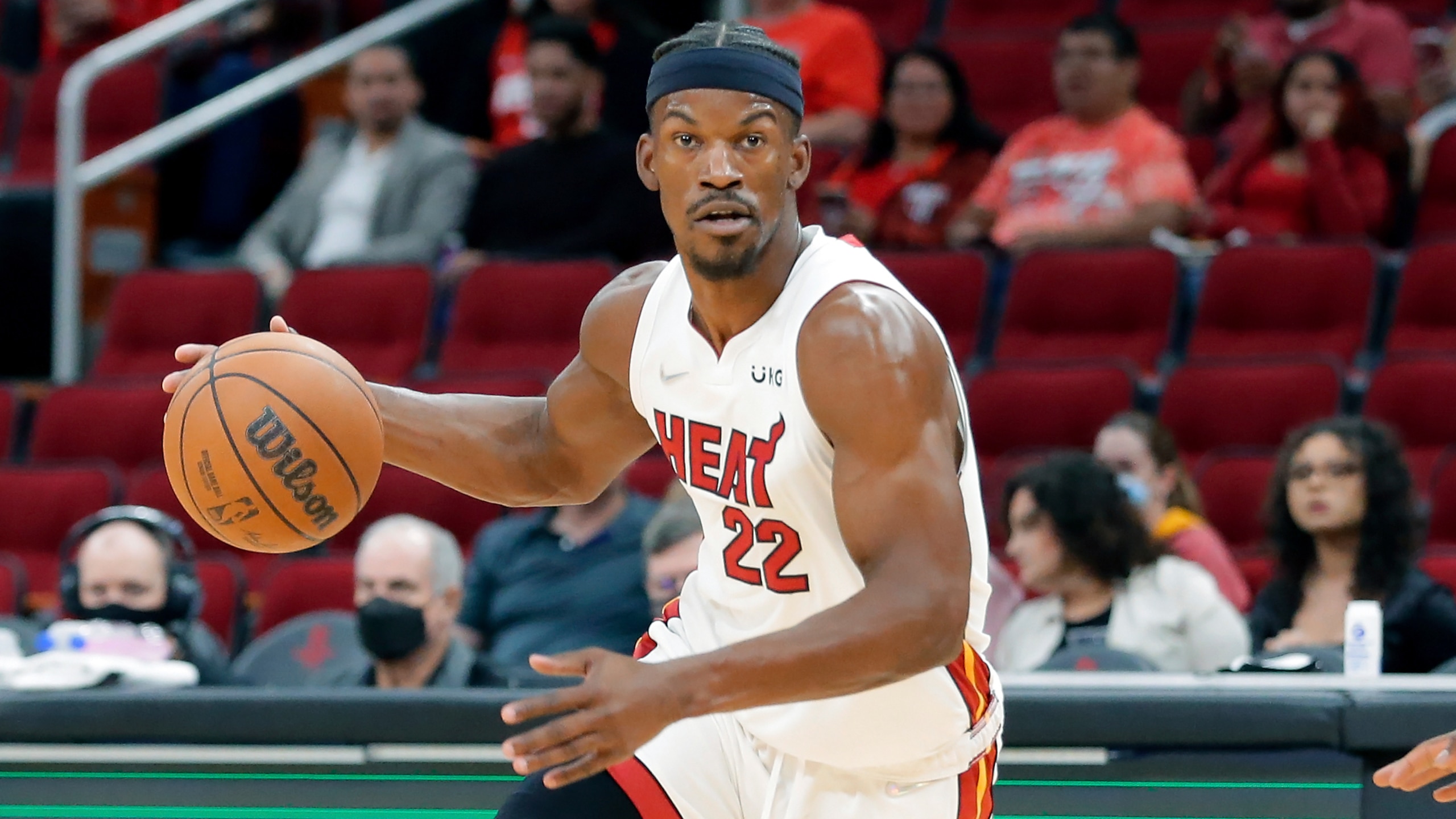Miami Heat forward Jimmy Butler (22) during the first half of an NBA basketball game against the Houston Rockets Friday, Dec. 31, 2021, in Houston. (AP Photo/Michael Wyke)
