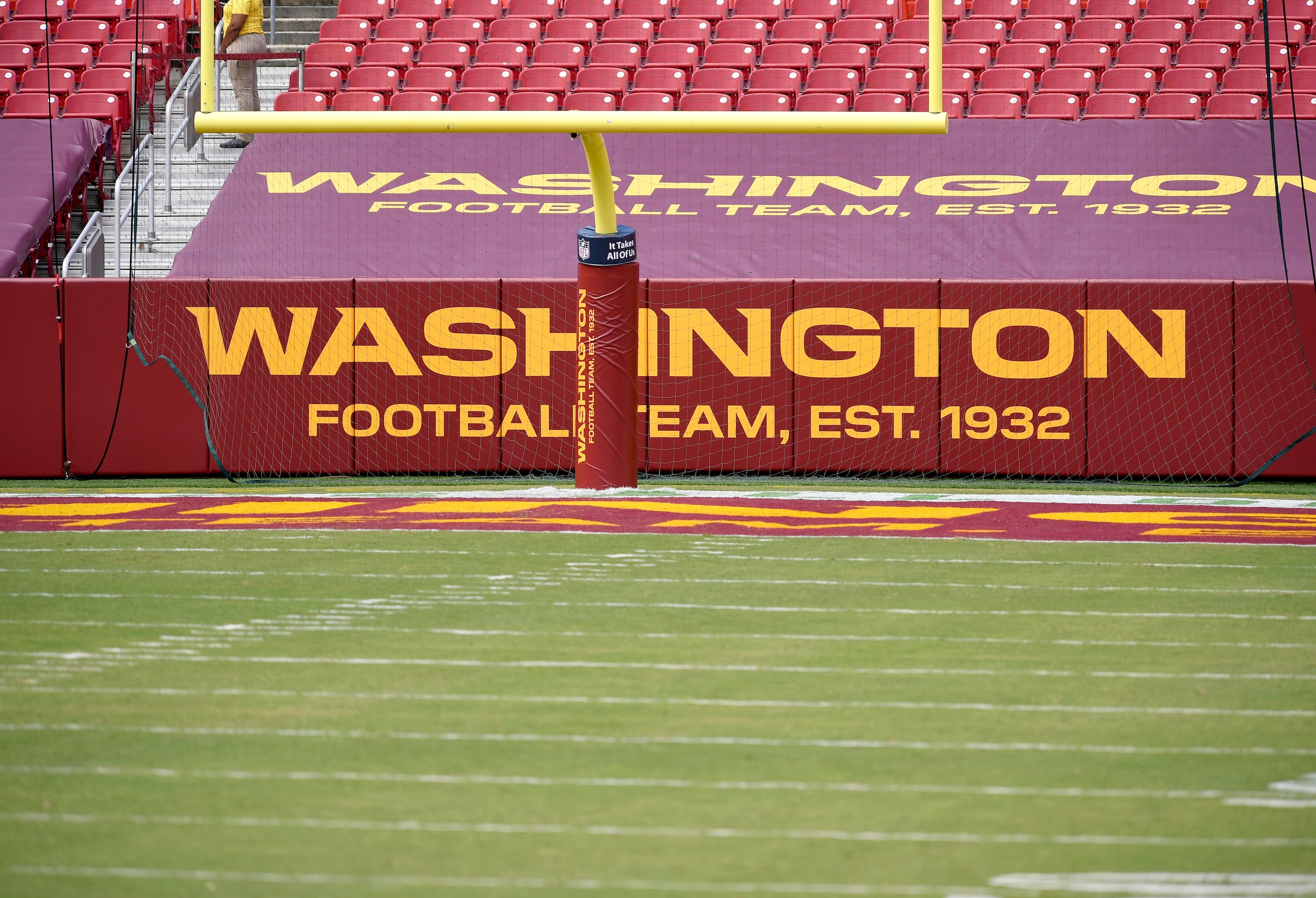 LANDOVER, MD - SEPTEMBER 13: New Washington Football Team logos were all around the stadium during the Philadelphia Eagles vs. Washington Football Team NFL game at FedEx Field on September 13, 2020 in Landover, MD. (Photo by Randy Litzinger/Icon Sportswire via Getty Images) LANDOVER, MD - SEPTEMBER 13: New Washington Football Team logos were all around the stadium during the Philadelphia Eagles vs. Washington Football Team NFL game at FedEx Field on September 13, 2020 in Landover, MD. (Photo by Randy Litzinger/Icon Sportswire via Getty Images)