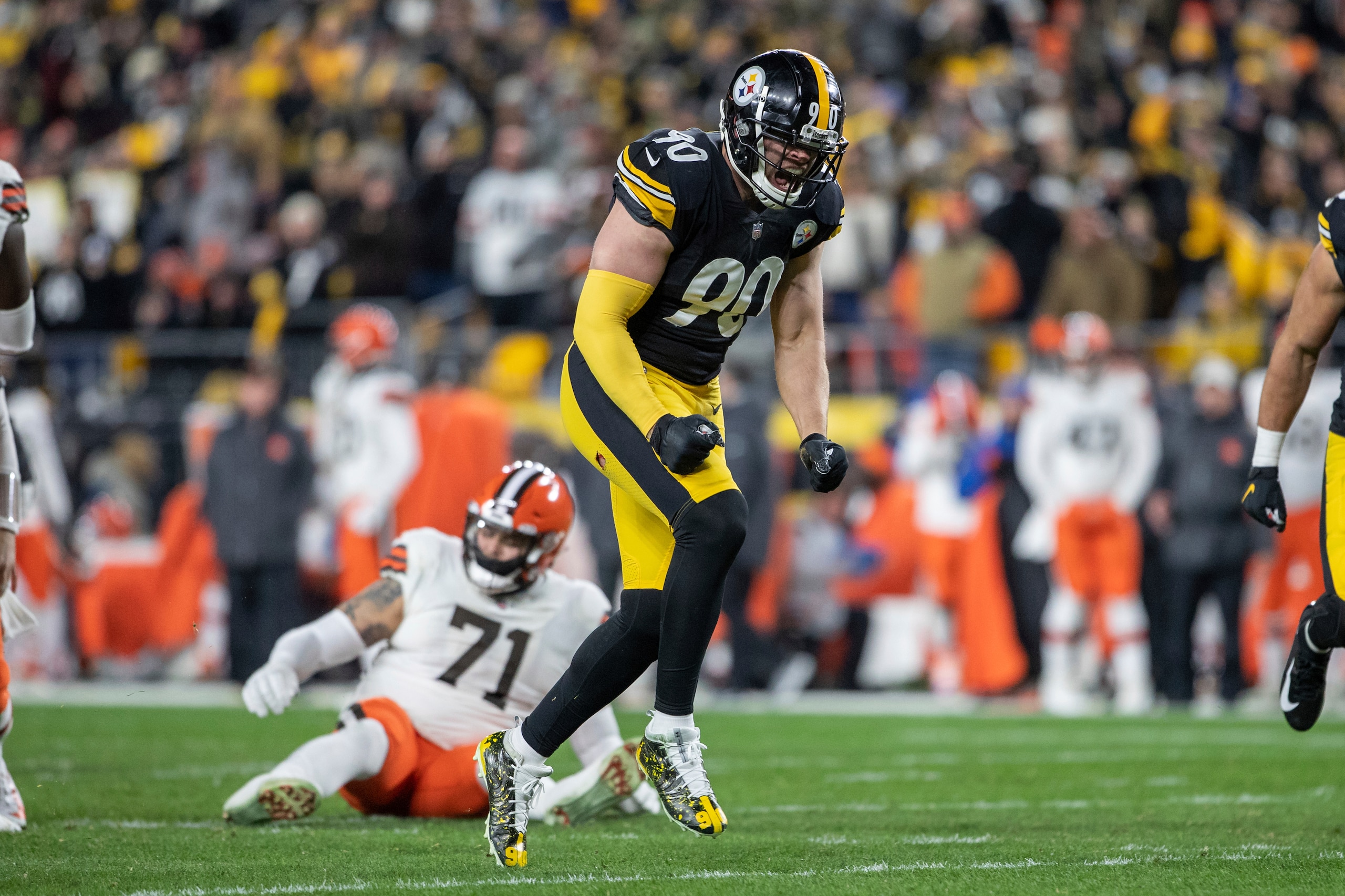 Pittsburgh Steelers outside linebacker T.J. Watt (90) celebrates after a sack during an NFL football game, Monday, January 3, 2022 in Pittsburgh. (AP Photo/Matt Durisko)