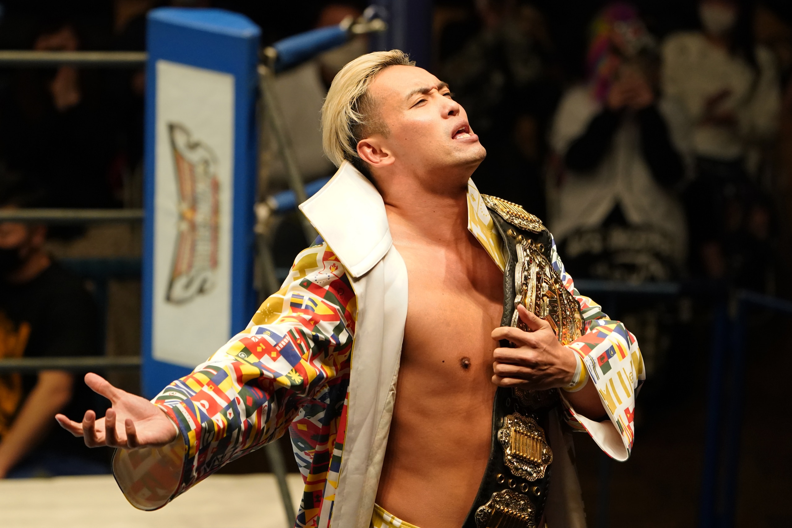 TOKYO, JAPAN - DECEMBER 22: Kazuchika Okada enters the ring during the New Japan Pro-Wrestling at Korakuen Hall on December 22, 2021 in Tokyo, Japan. (Photo by Etsuo Hara/Getty Images)