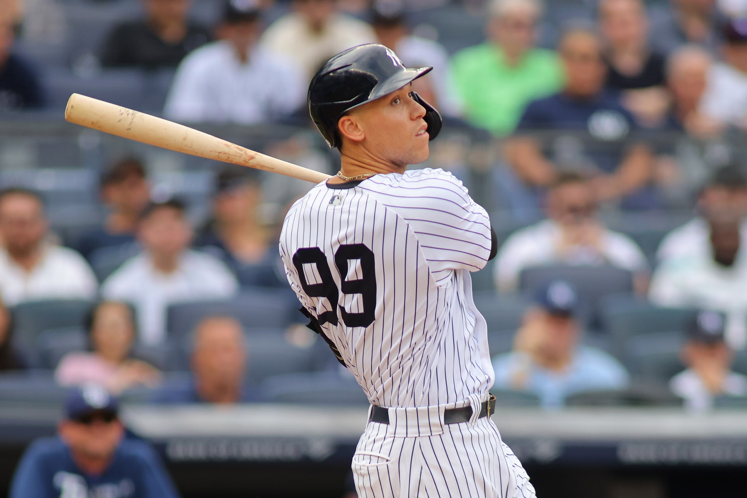 NEW YORK, NEW YORK - OCTOBER 03: Aaron Judge #99 of the New York Yankees in action against the Tampa Bay Rays at Yankee Stadium on October 03, 2021 in New York City. New York Yankees defeated the Tampa Bay Rays 1-0. (Photo by Mike Stobe/Getty Images)