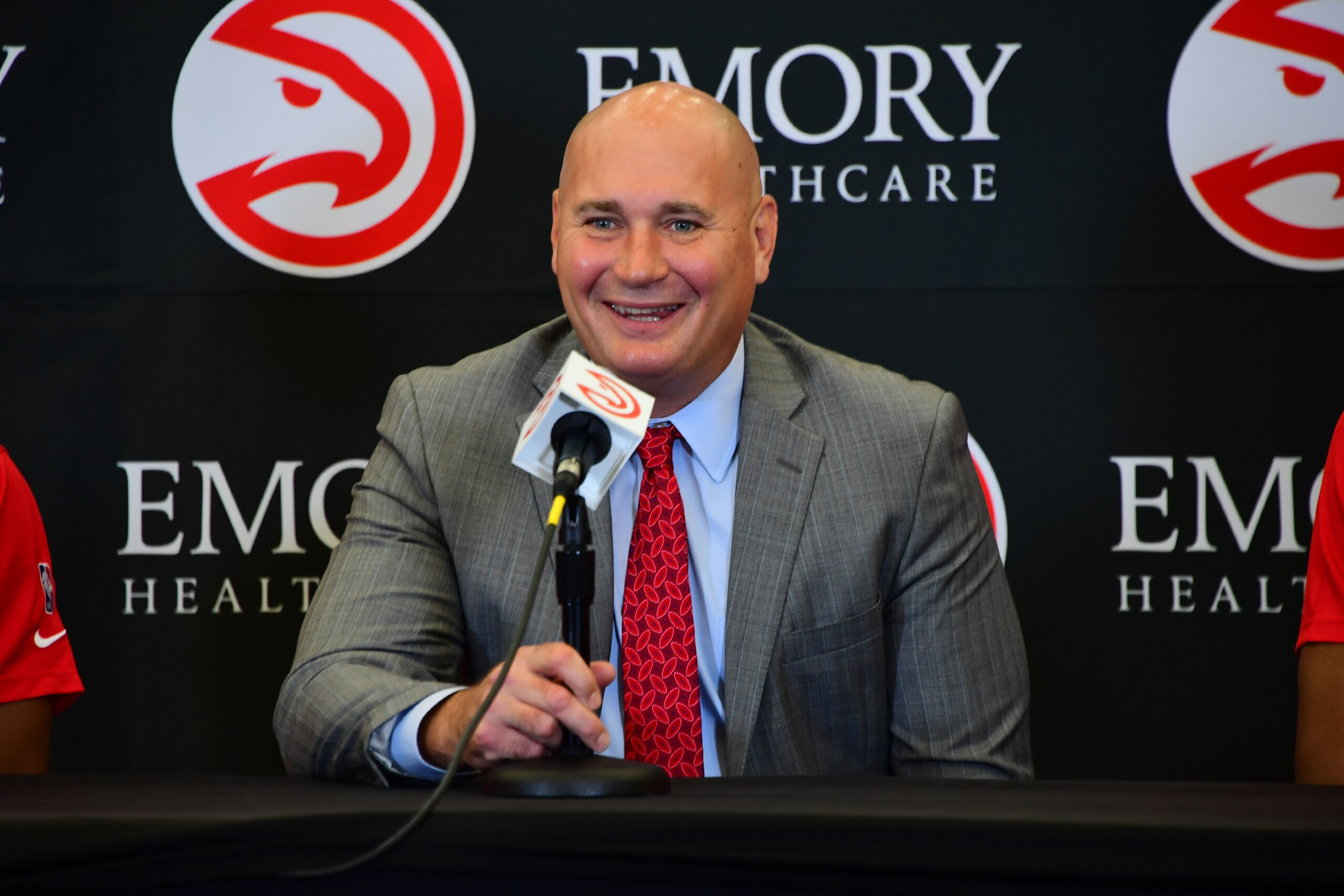 ATLANTA, GA - JULY 30: President of Basketball Operations and General Manager Travis Schlenk talks to the media during the press conference on July 30, 2021 at State Farm Arena in Atlanta, Georgia.  NOTE TO USER: User expressly acknowledges and agrees that, by downloading and/or using this Photograph, user is consenting to the terms and conditions of the Getty Images License Agreement. Mandatory Copyright Notice: Copyright 2021 NBAE (Photo by Scott Cunningham/NBAE via Getty Images)