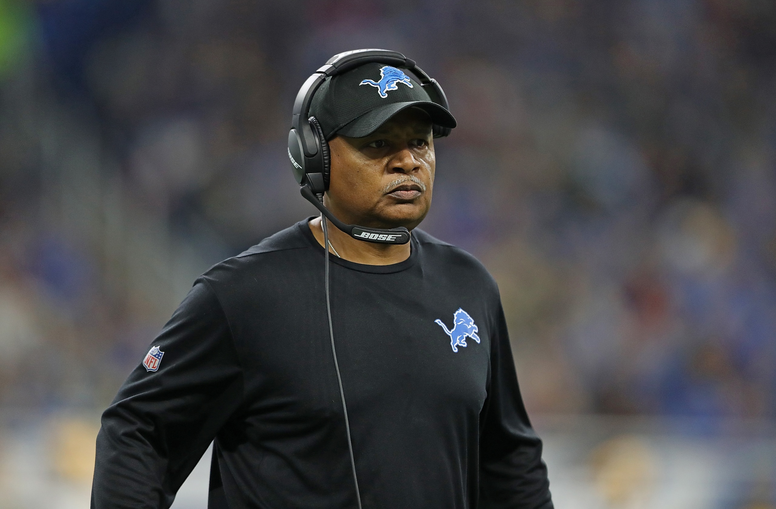 DETROIT, MI - DECEMBER 31: Detroit Lions head football coach Jim Caldwell watches the action from the sidelines during the fourth quarter of the game against the Green Bay Packers at Ford Field on December 31, 2017 in Detroit, Michigan. Detroit defeated Green Bay 35-11. (Photo by Leon Halip/Getty Images)