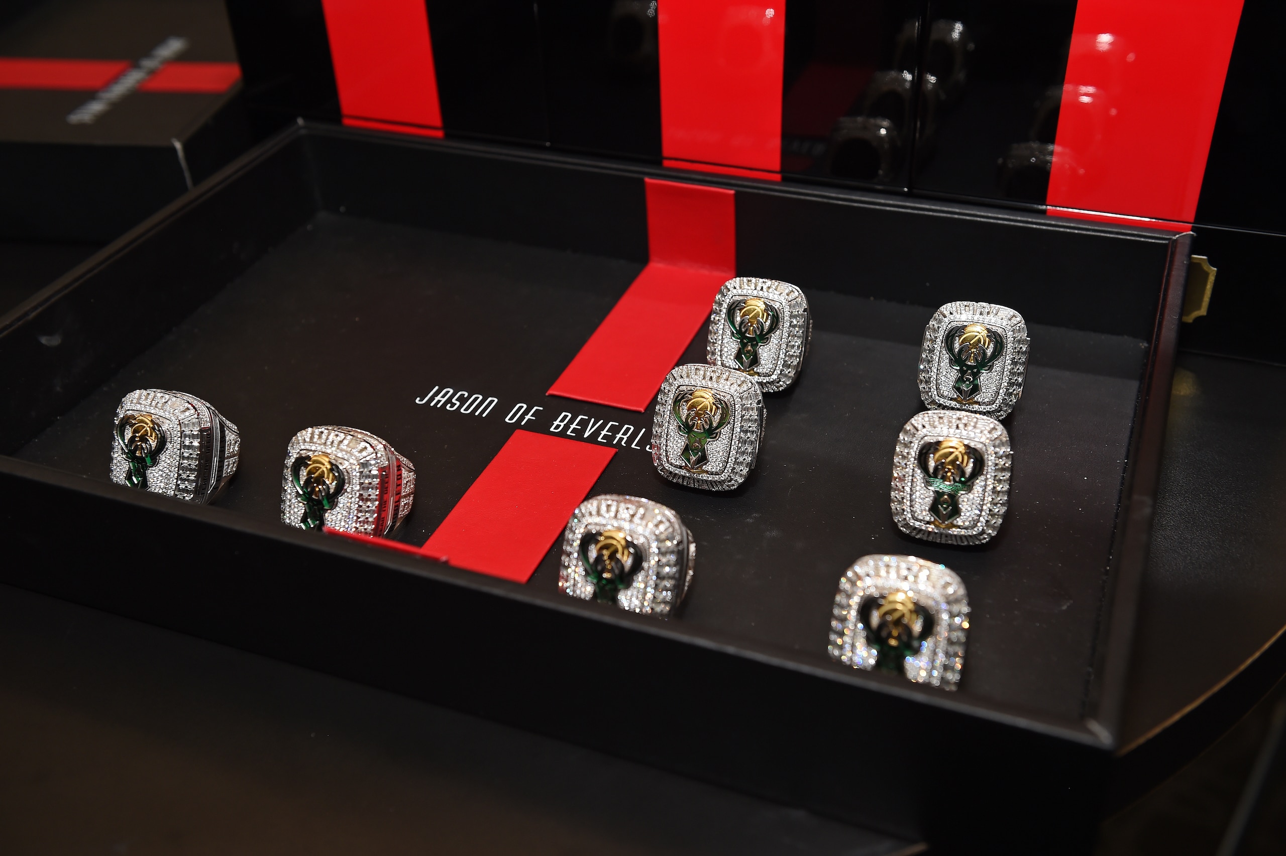 MILWAUKEE, WI - OCTOBER 19: A view of the 2021 NBA Championship rings being displayed before the game on October 19, 2021 at the Fiserv Forum Center in Milwaukee, Wisconsin. NOTE TO USER: User expressly acknowledges and agrees that, by downloading and or using this Photograph, user is consenting to the terms and conditions of the Getty Images License Agreement. Mandatory Copyright Notice: Copyright 2021 NBAE (Photo by David Dow/NBAE via Getty Images)