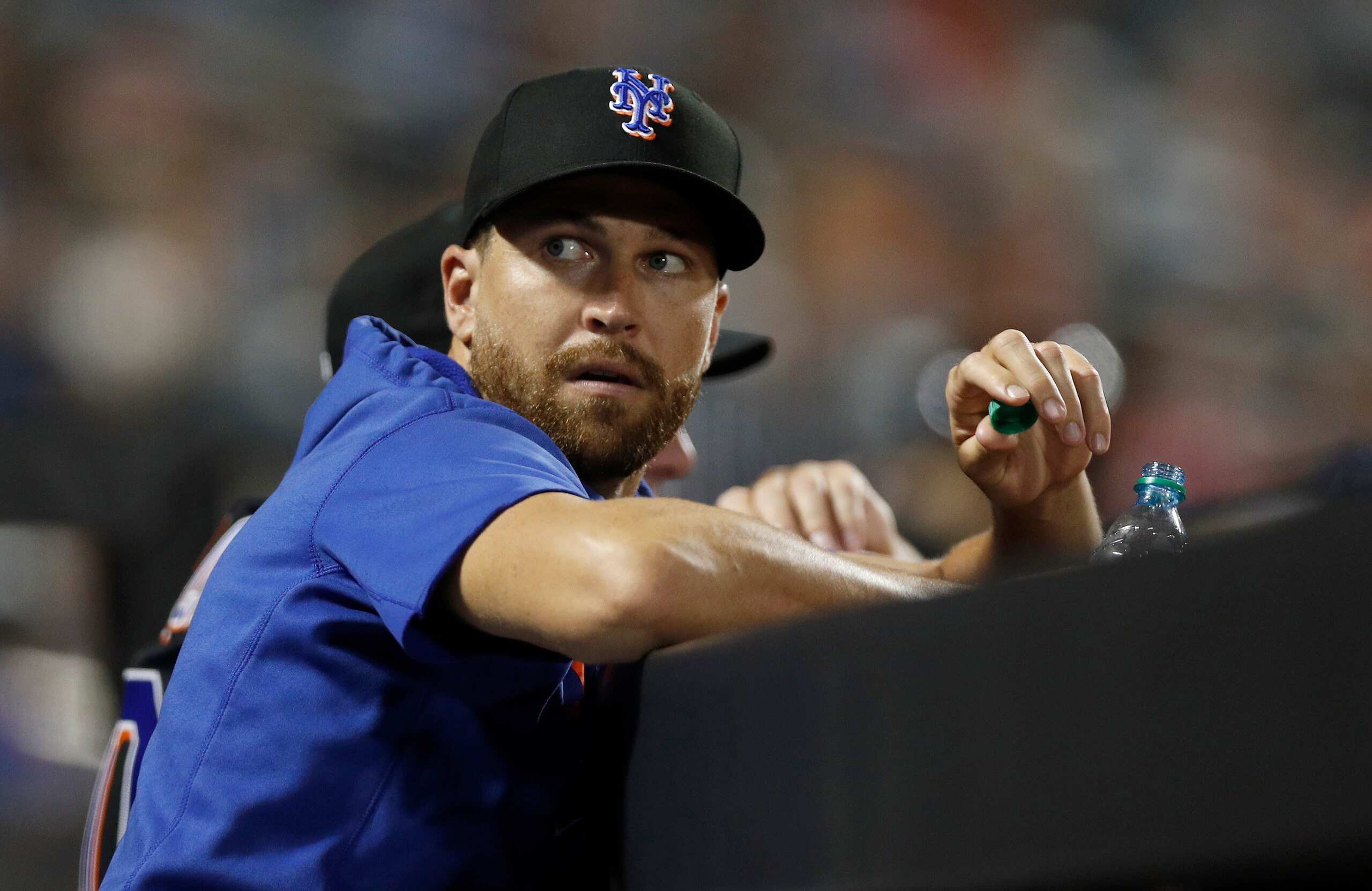 NEW YORK, NEW YORK - AUGUST 13:  Jacob deGrom #48 of the New York Mets looks on against the Los Angeles Dodgers at Citi Field on August 13, 2021 in New York City. The Dodgers defeated the Mets 6-5 in ten innings. (Photo by Jim McIsaac/Getty Images)