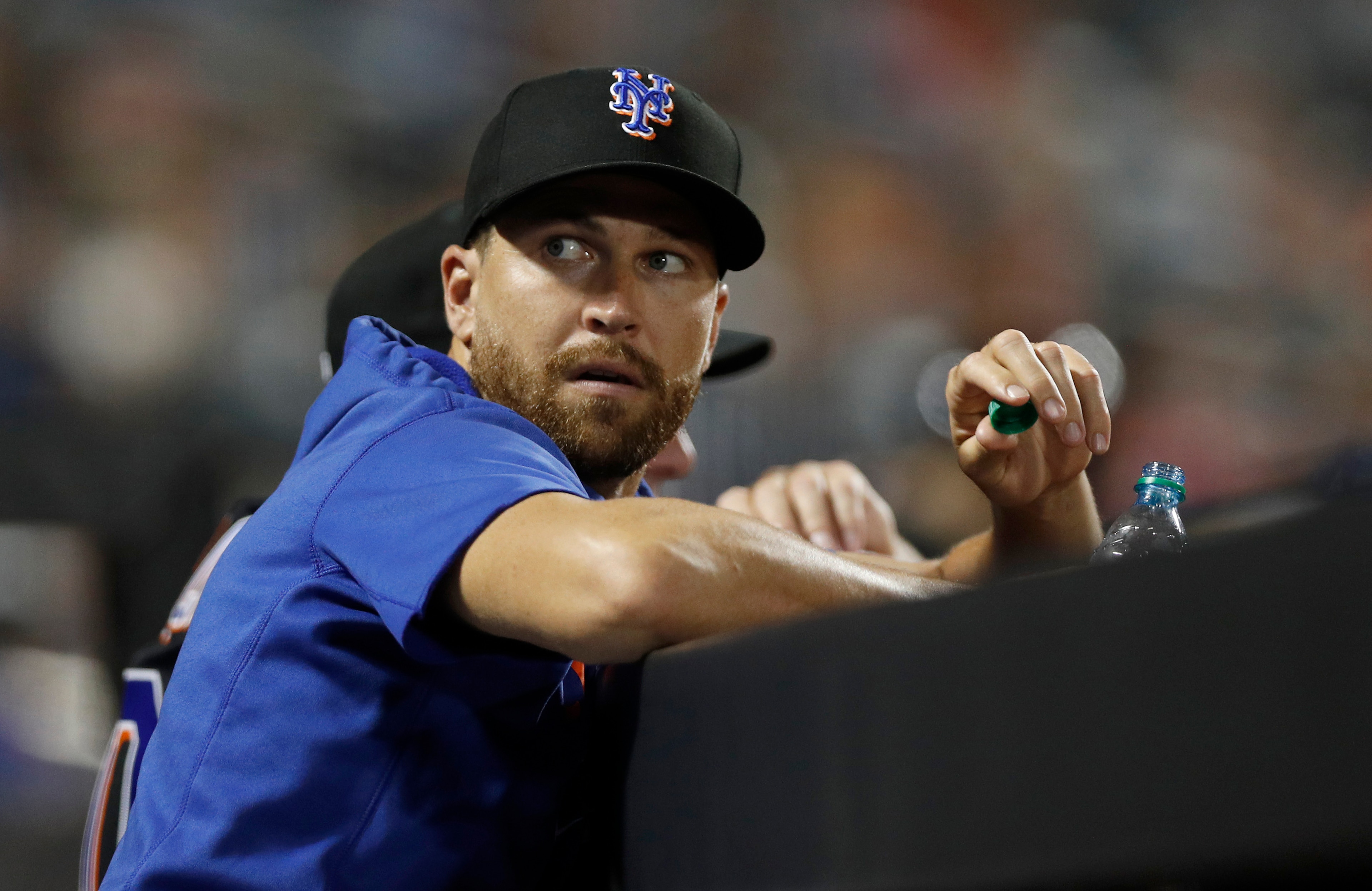 NEW YORK, NEW YORK - AUGUST 13:  Jacob deGrom #48 of the New York Mets looks on against the Los Angeles Dodgers at Citi Field on August 13, 2021 in New York City. The Dodgers defeated the Mets 6-5 in ten innings. (Photo by Jim McIsaac/Getty Images)