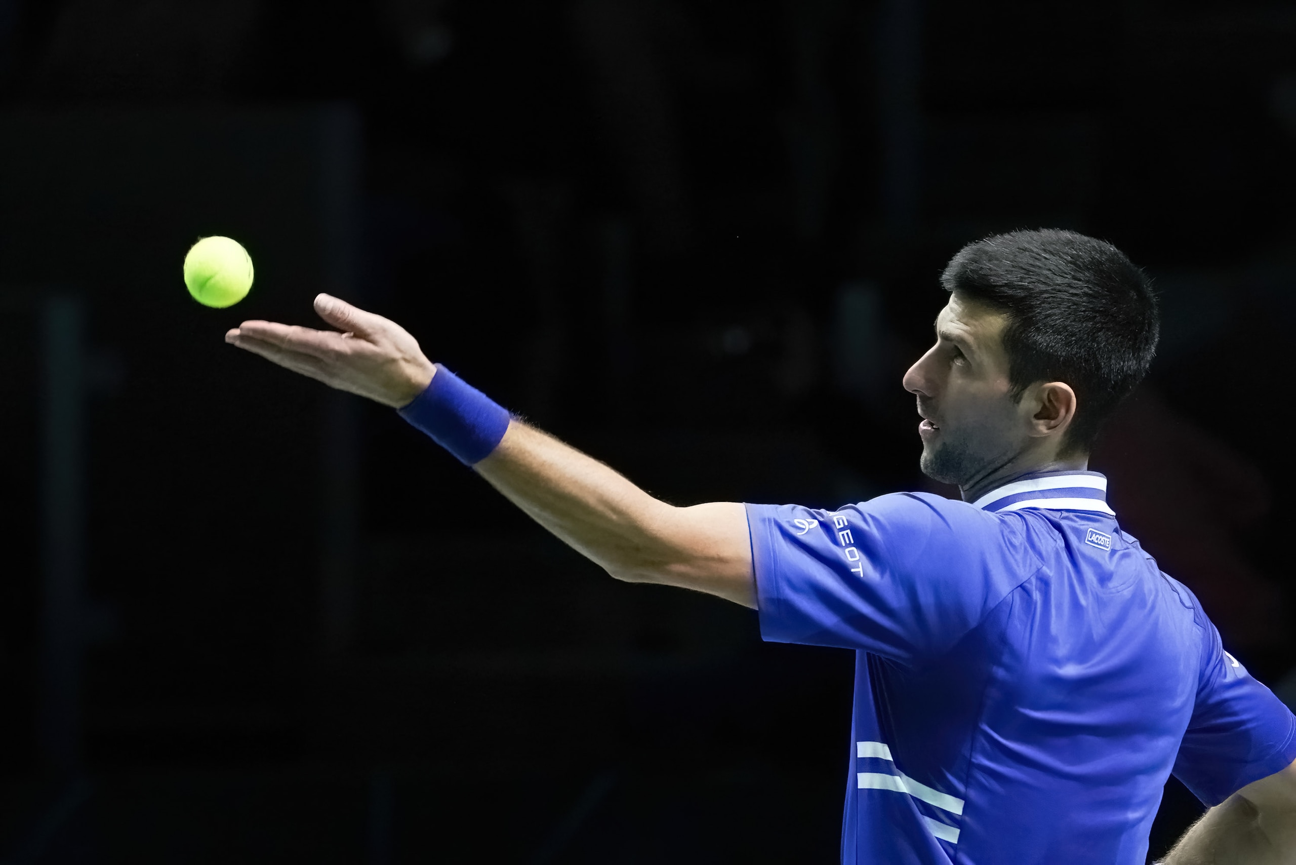 MADRID, SPAIN - 2021/12/03: Novak Djokovic of Serbia plays against Marin Cilic of Croatia during the Davis Cup Finals 2021 Semi Final match between Croatia and Serbia at Madrid Arena. 
Victory for Djokovic, Novak. (6.4) (6.2). (Photo by Atilano Garcia/SOPA Images/LightRocket via Getty Images)