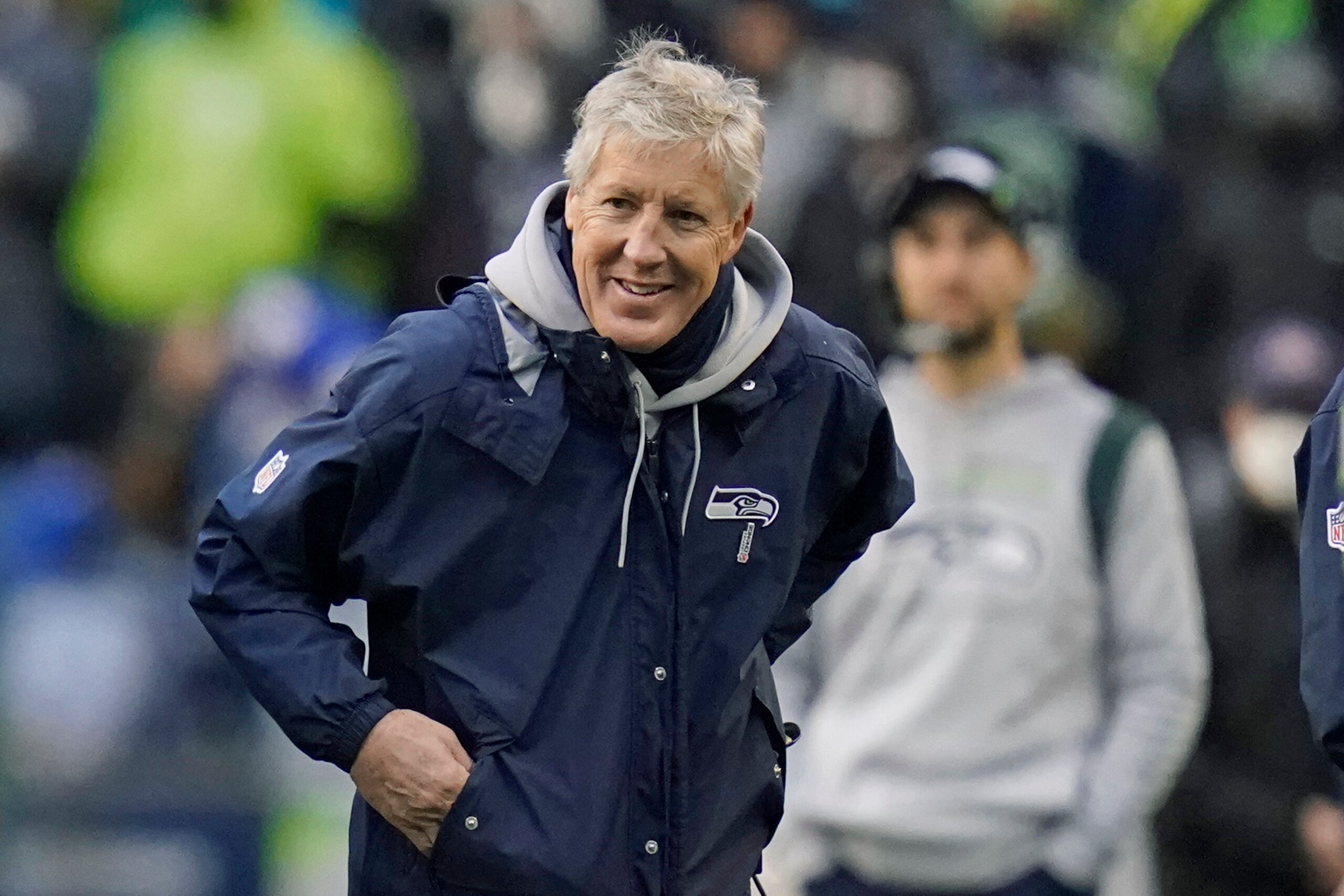 Seattle Seahawks head coach Pete Carroll smiles on the sideline during the second half of an NFL football game against the Detroit Lions, Sunday, Jan. 2, 2022, in Seattle. (AP Photo/Elaine Thompson) Seattle Seahawks head coach Pete Carroll smiles on the sideline during the second half of an NFL football game against the Detroit Lions, Sunday, Jan. 2, 2022, in Seattle. (AP Photo/Elaine Thompson)