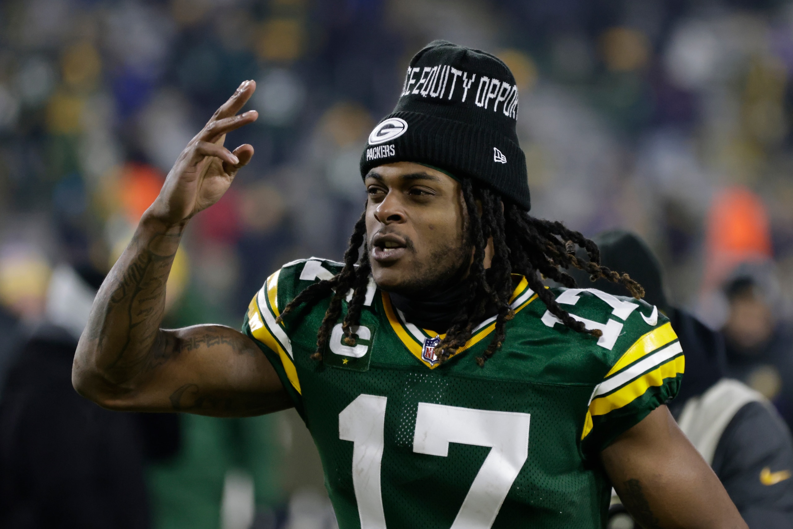Green Bay Packers' Davante Adams acknowledges the crowd after an NFL football game against the Minnesota Vikings Sunday, Jan. 2, 2022, in Green Bay, Wis. The Packers won 37-10. (AP Photo/Matt Ludtke) Green Bay Packers' Davante Adams acknowledges the crowd after an NFL football game against the Minnesota Vikings Sunday, Jan. 2, 2022, in Green Bay, Wis. The Packers won 37-10. (AP Photo/Matt Ludtke)