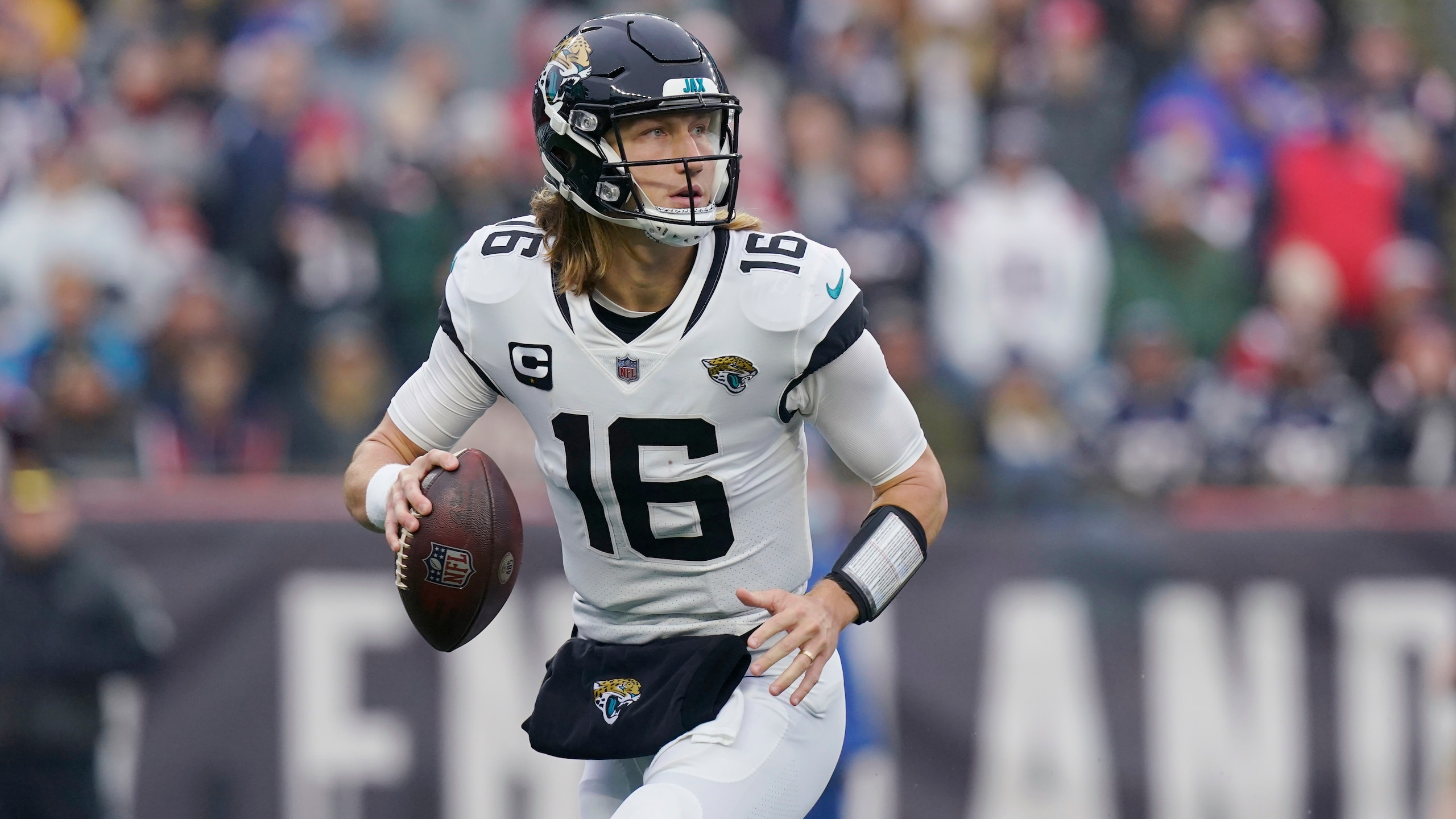 Jacksonville Jaguars quarterback Trevor Lawrence (16) during the first half of an NFL football game, Sunday, Jan. 2, 2022, in Foxborough, Mass. (AP Photo/Steven Senne)