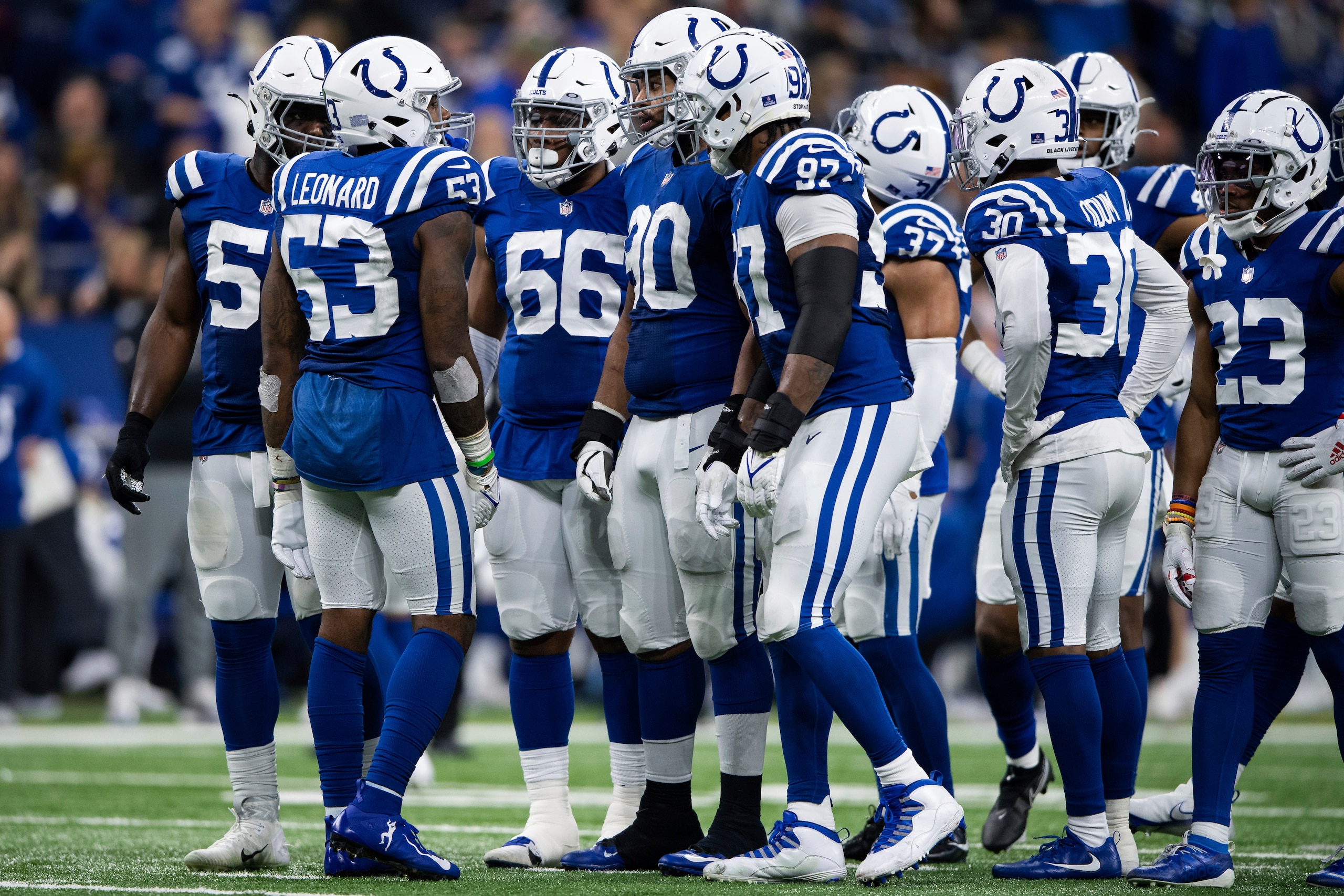 Indianapolis Colts linebacker Darius Leonard (53) calls out the play in the defensive huddle during an NFL football game against the Las Vegas Raiders, Sunday, Jan. 2, 2022, in Indianapolis. (AP Photo/Zach Bolinger)