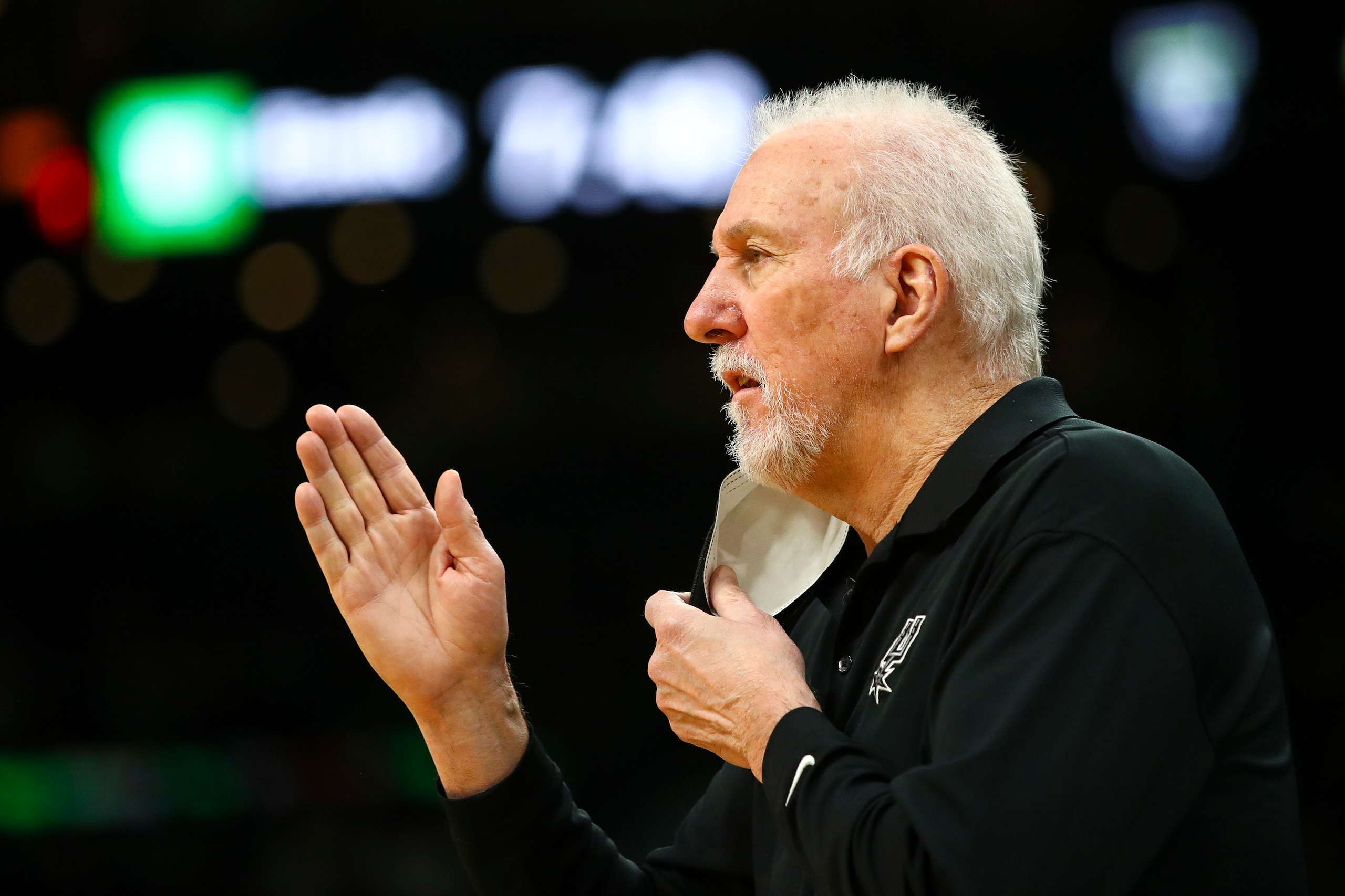 BOSTON, MA - JANUARY 05:  Head coach Gregg Popovich of the San Antonio Spurs reacts during a game against the Boston Celtics at TD Garden on January 5, 2022 in Boston, Massachusetts. NOTE TO USER: User expressly acknowledges and agrees that, by downloading and or using this photograph, User is consenting to the terms and conditions of the Getty Images License Agreement. (Photo by Adam Glanzman/Getty Images)