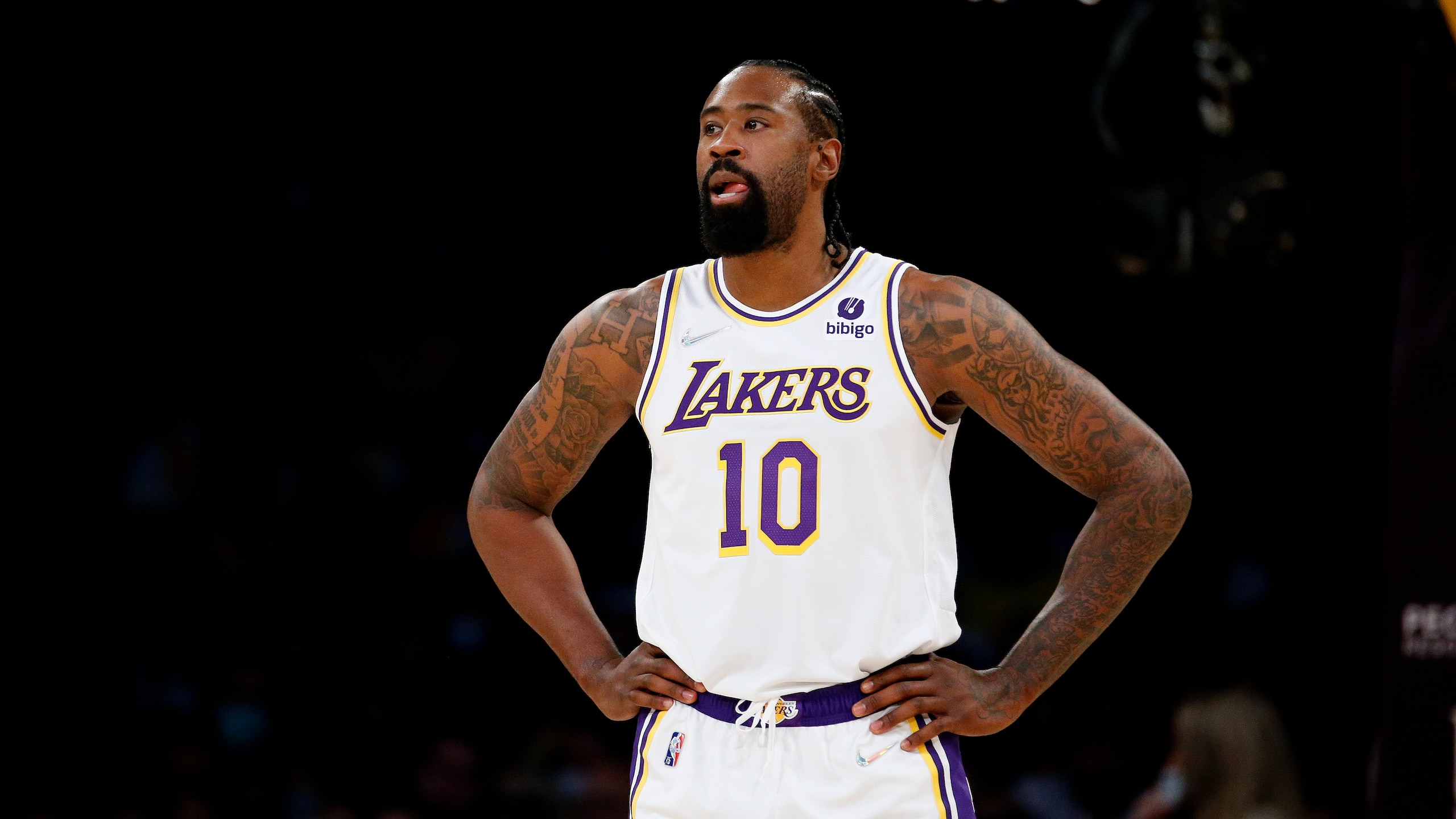Los Angeles Lakers center DeAndre Jordan (10) stands during the second half of an NBA basketball game against the Orlando Magic in Los Angeles, Sunday, Dec. 12, 2021. The Lakers won 106-94. (AP Photo/Ringo H.W. Chiu)
